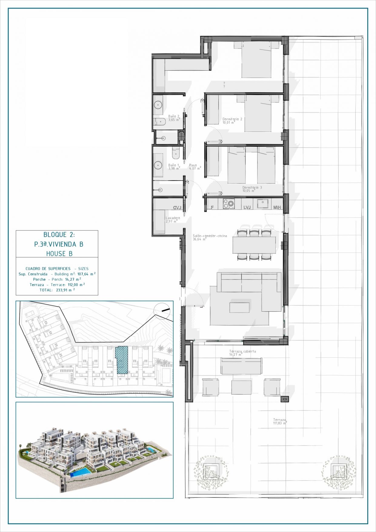Floor plan of the 3-bedroom apartment in Las Salinas