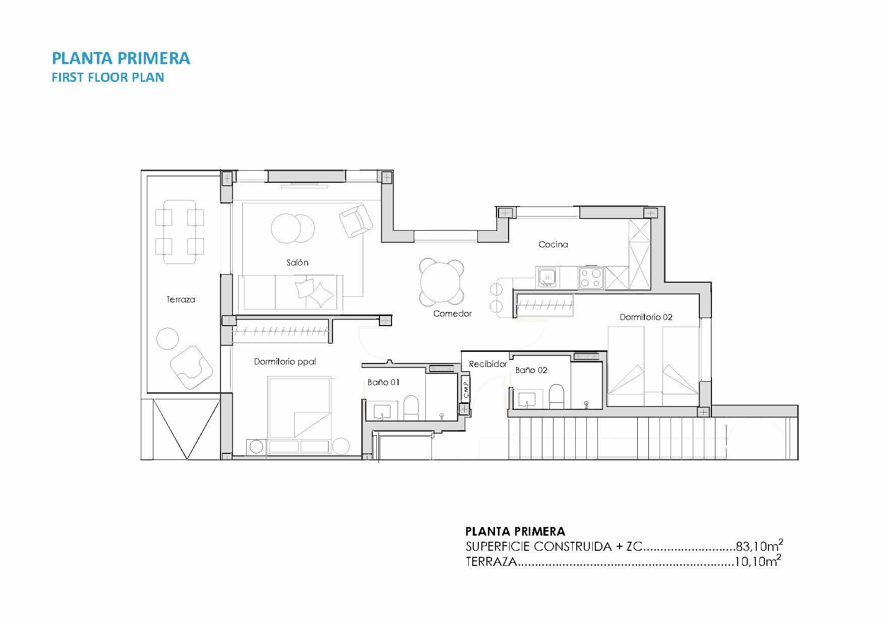 Floor plan of the 2-bedroom apartment in Dolores de Pacheco-Santa Rosalía