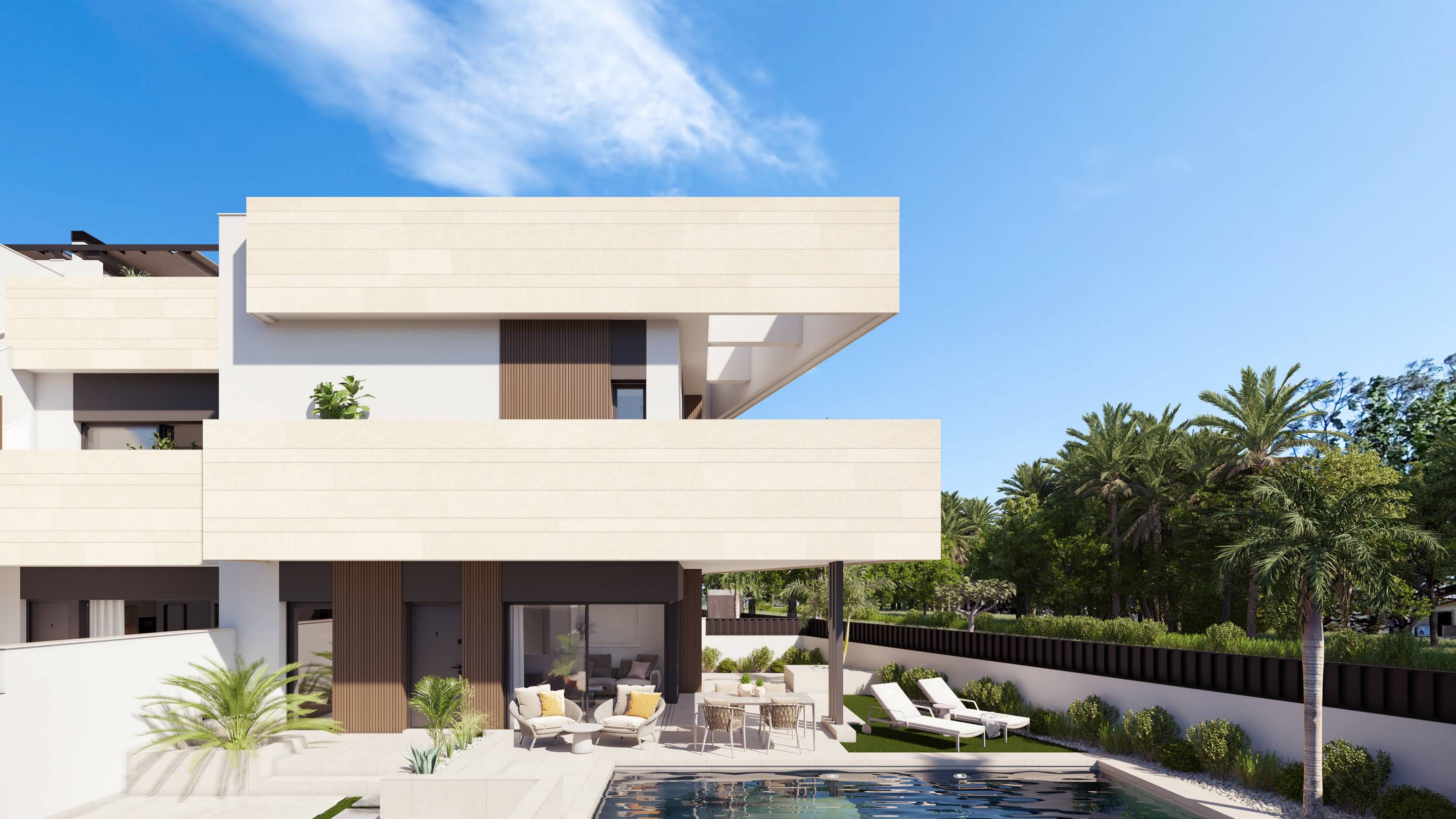Outdoor seating space on solarium level, 3-bedroom villa, Zona Pueblo