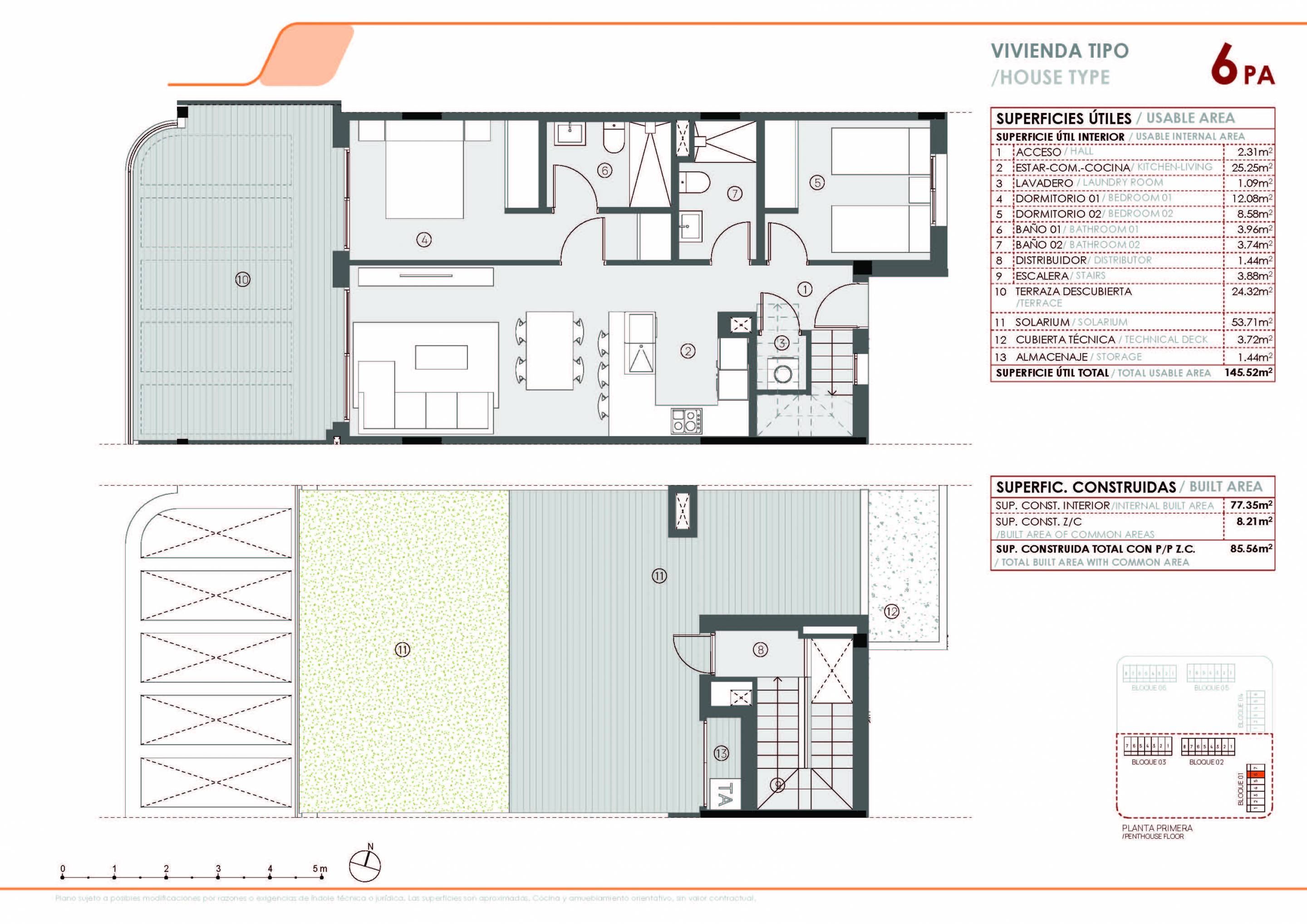 Floor plan of the 3-bedroom penthouse in El limonar