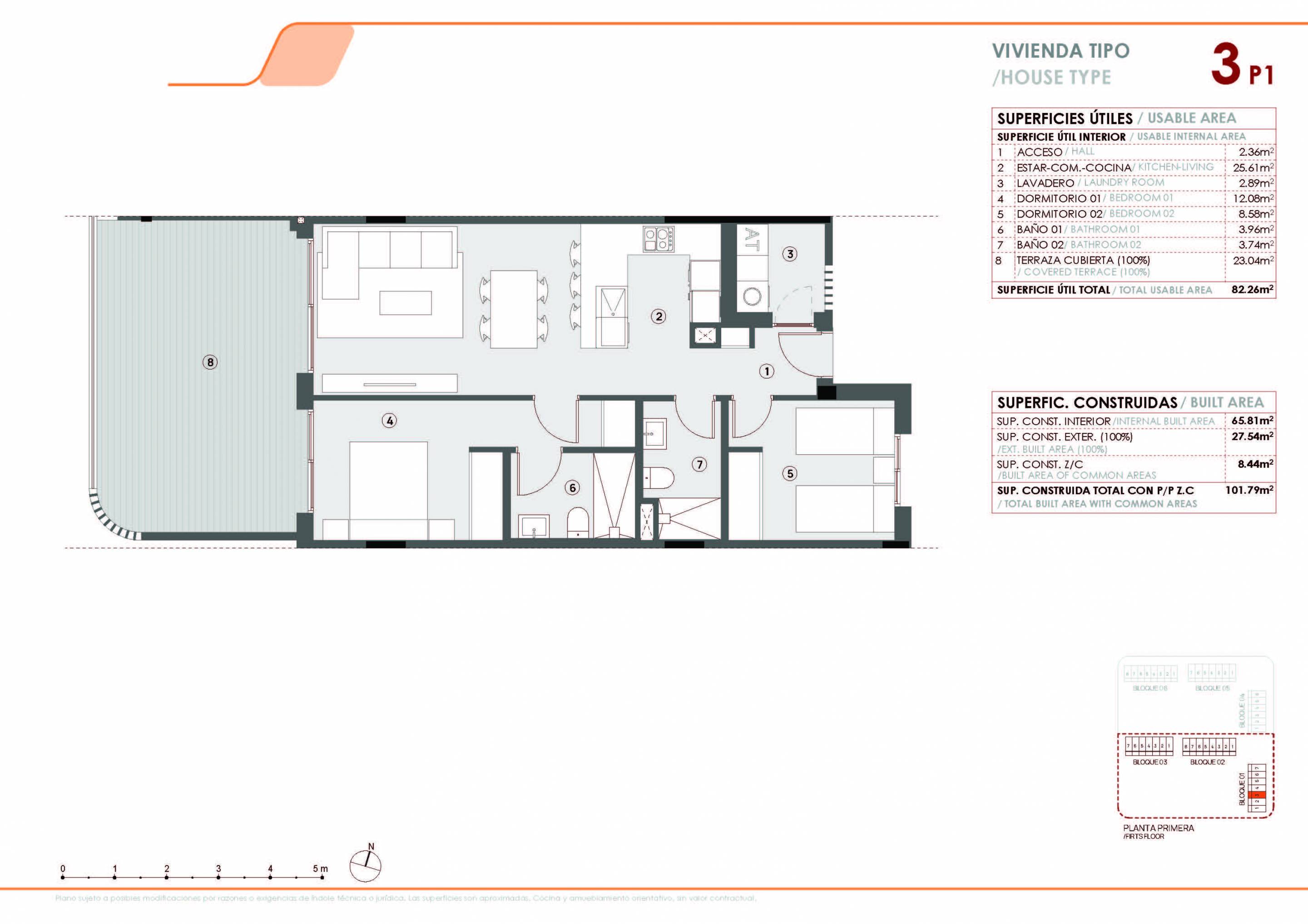 Floor plan of the 3-bedroom apartment in El limonar