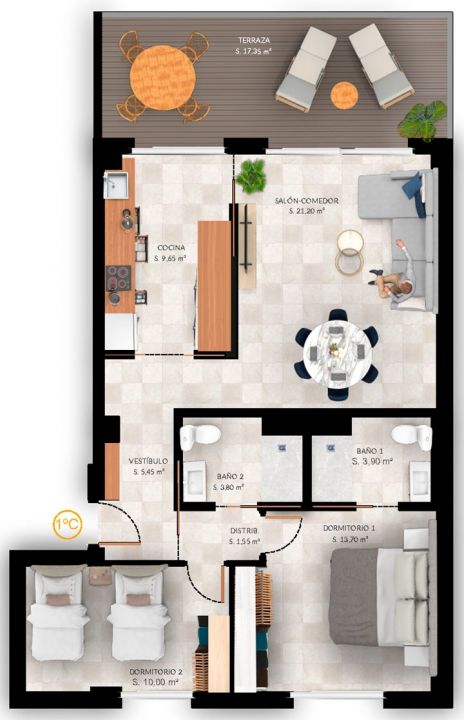 Floor plan of the 2-bedroom apartment in Seascape resort