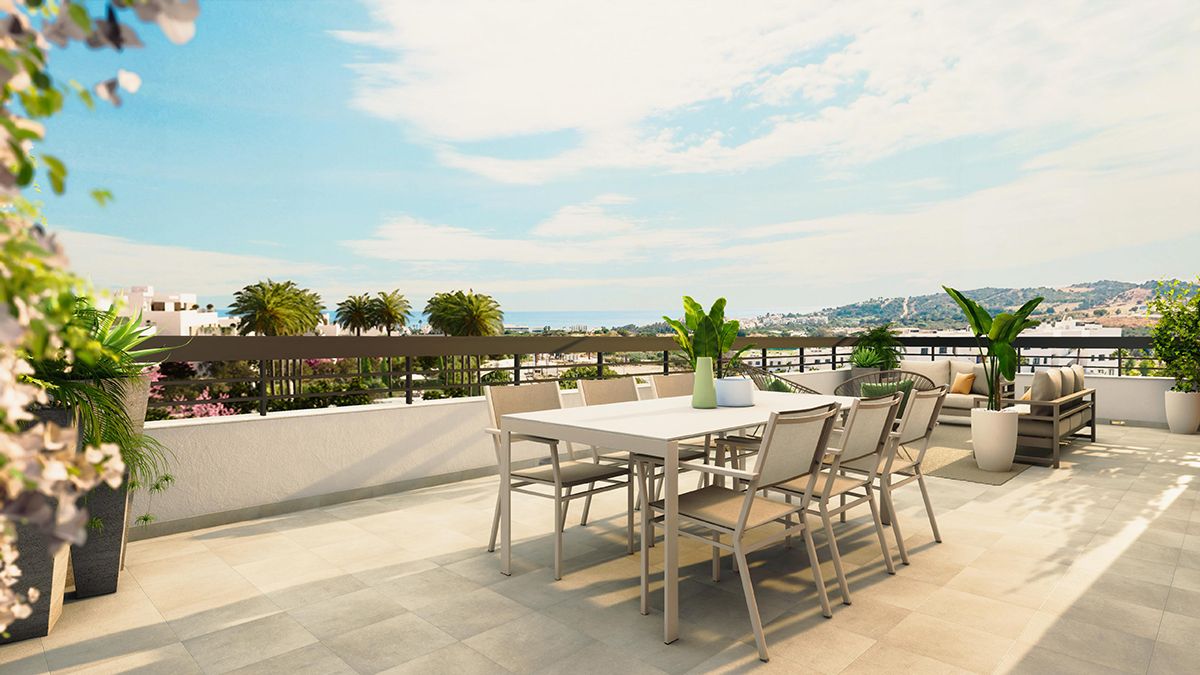 Outdoor communal space in new-build residential development, Arroyo Vaquero