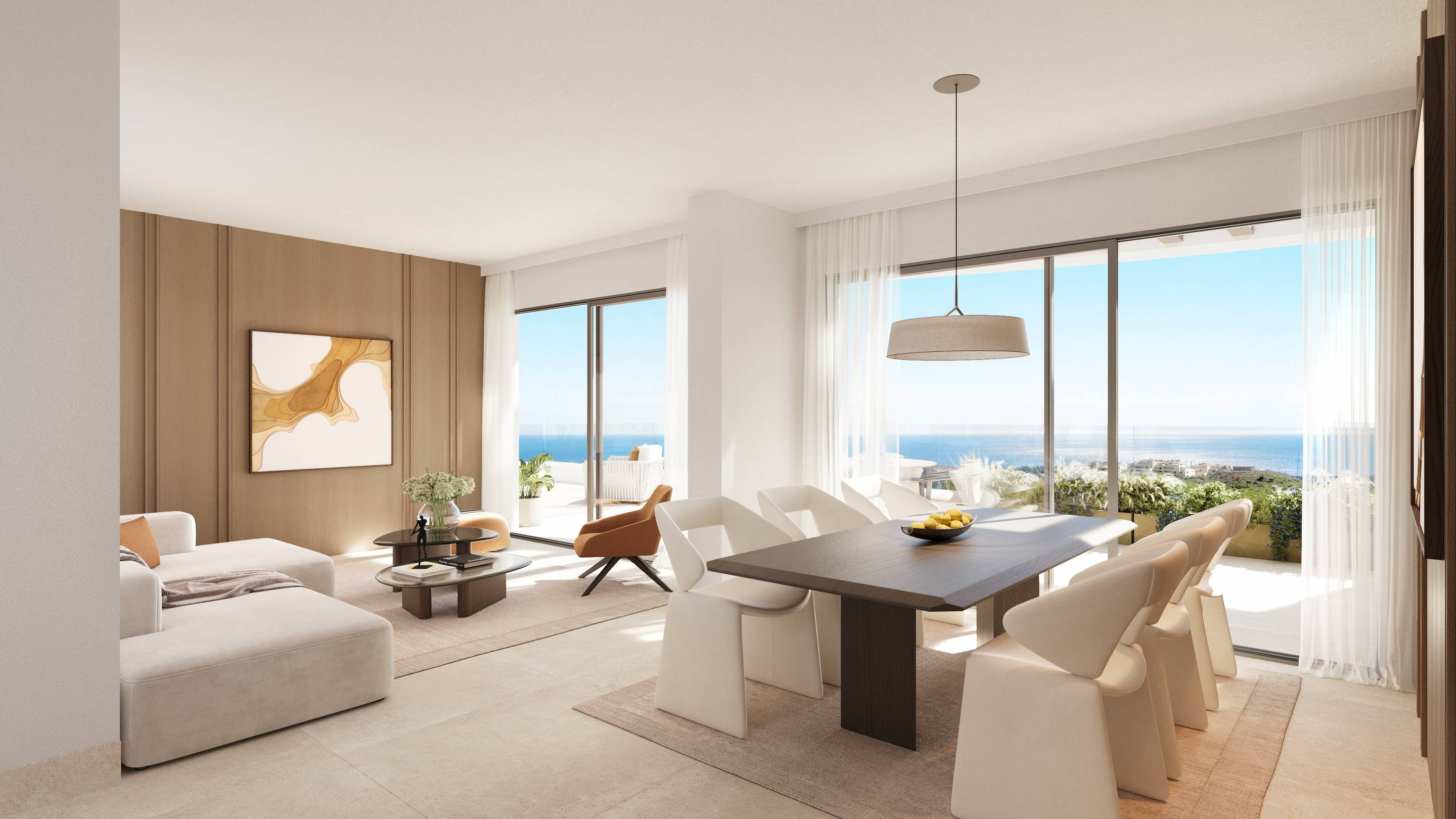 Living area in 3-bedroom new-build apartment, Cerros del Águila, Mijas
