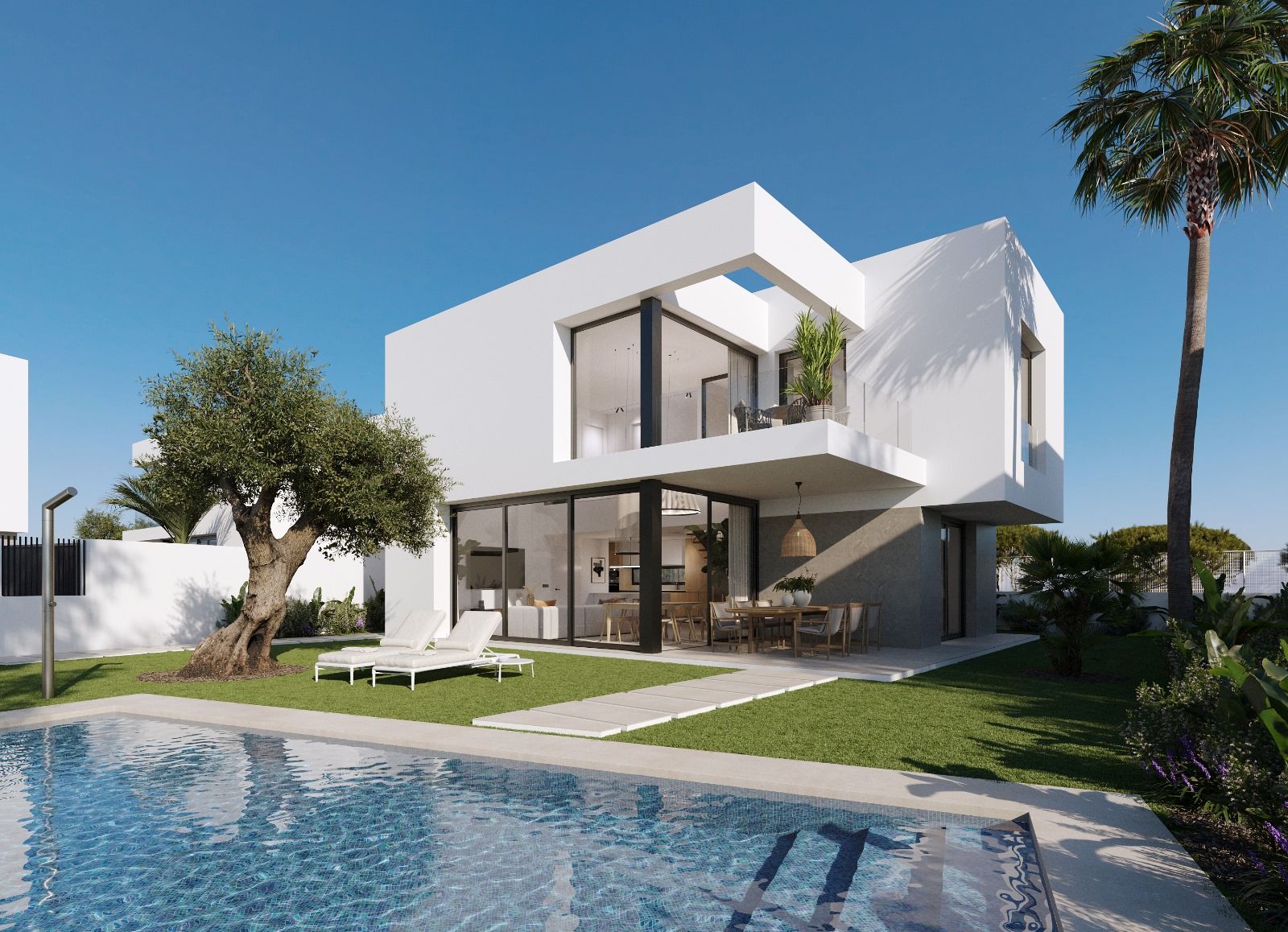 Rear garden of new-build villa in Golf Puig Campana, Finestrat