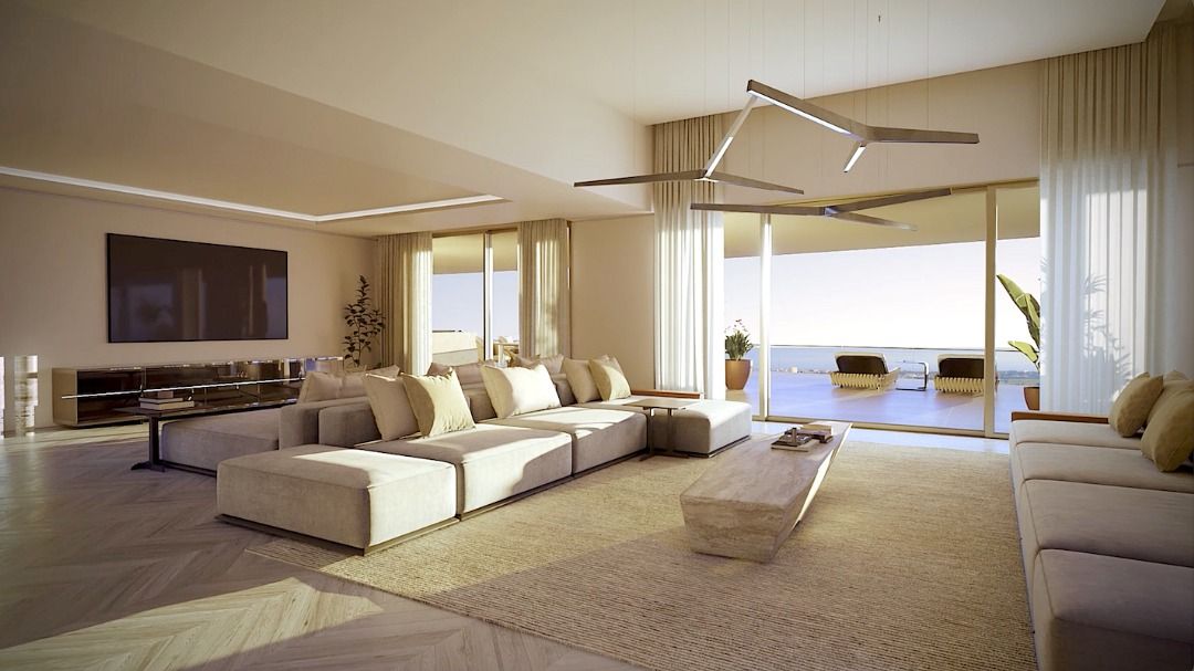 Ceiling detail and lighting in new-build apartment living area, La Quinta