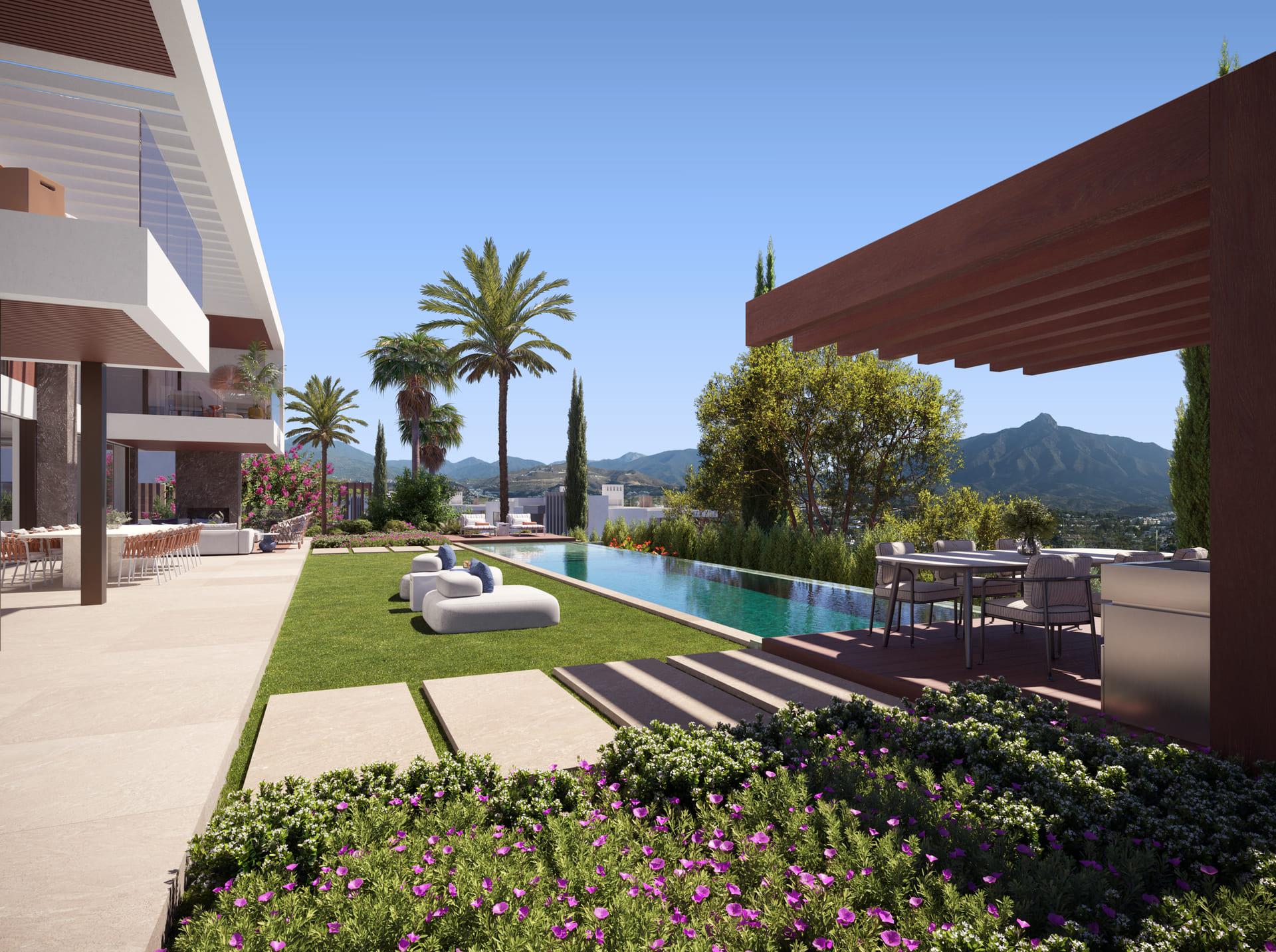 Approach to main entrance, new-build villa in Nueva Andalucía