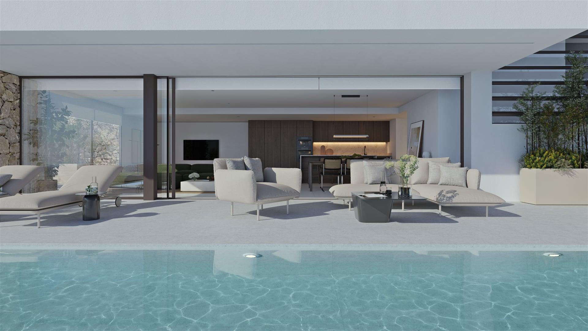 Night view of pool area, 4-bedroom villa in Altea La Nova
