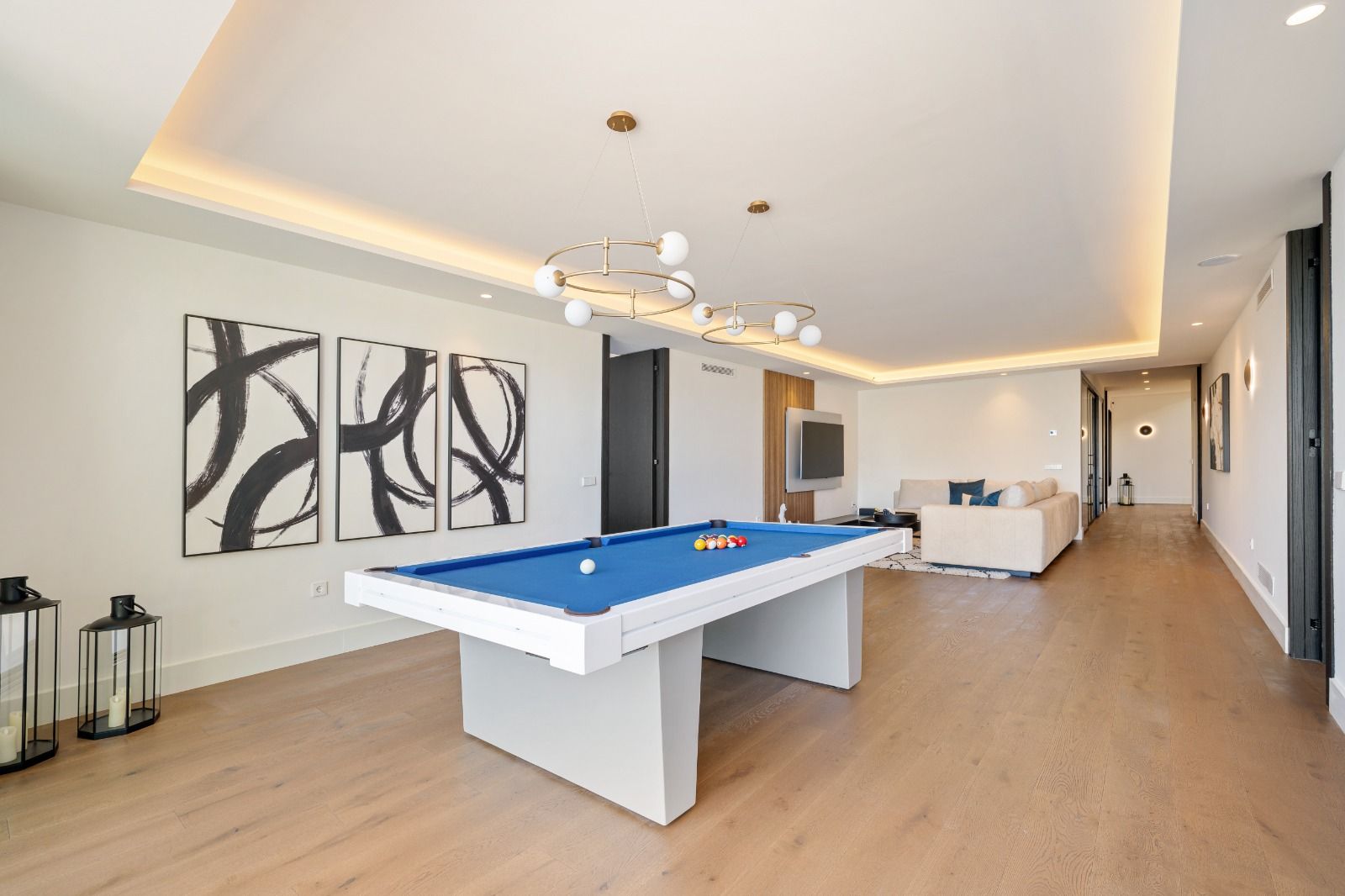 Kitchen with large windows overlooking garden in new-build villa, Las Brisas