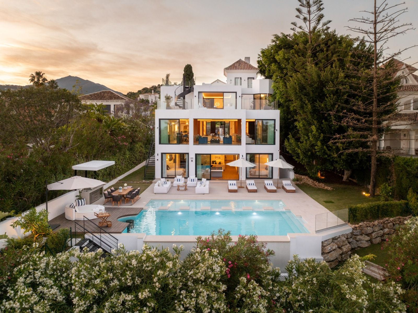 Outdoor shower and poolside area in new-build villa, Las Brisas