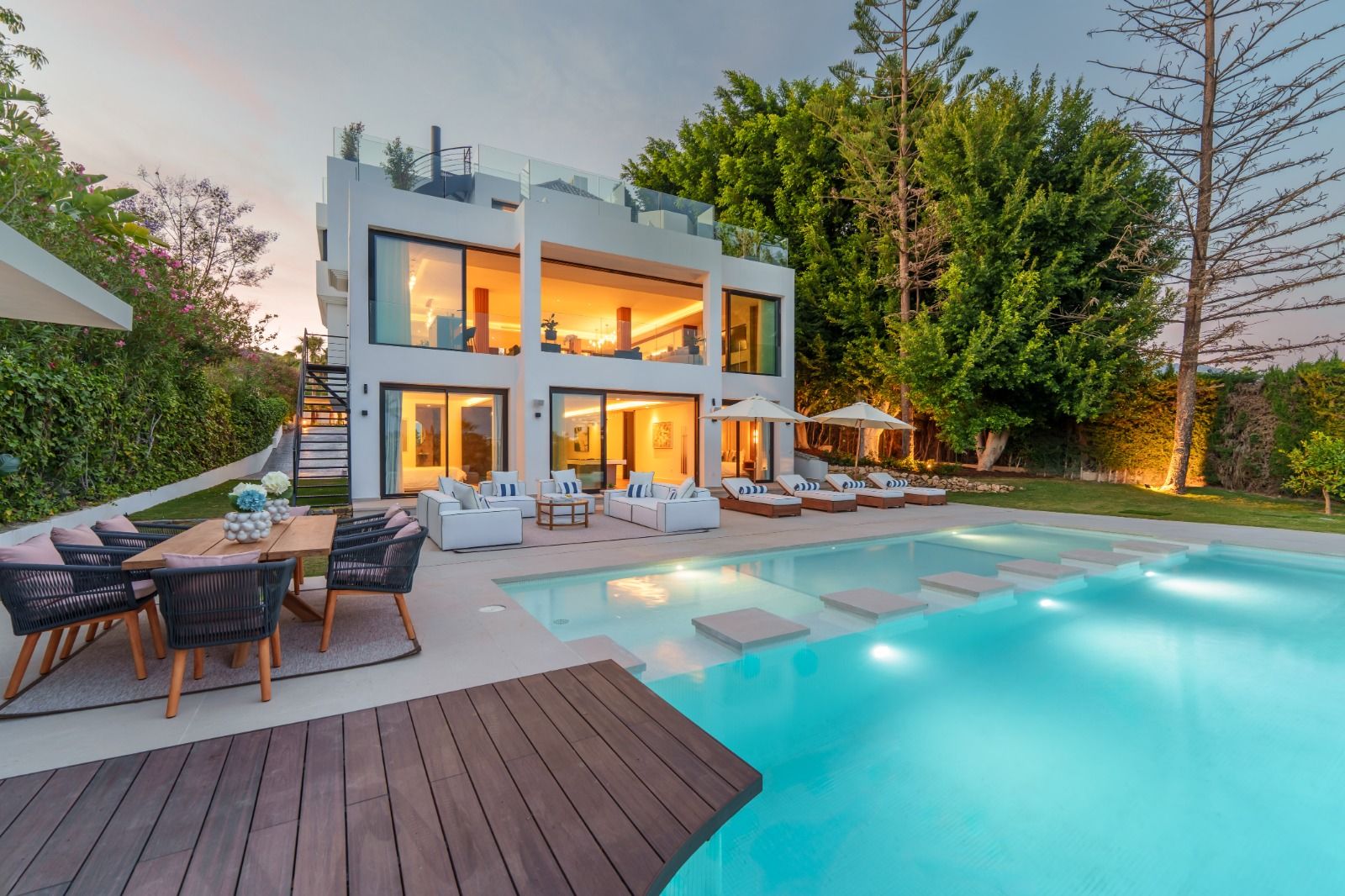 Terrace with dining furniture and garden views, Las Brisas, Marbella