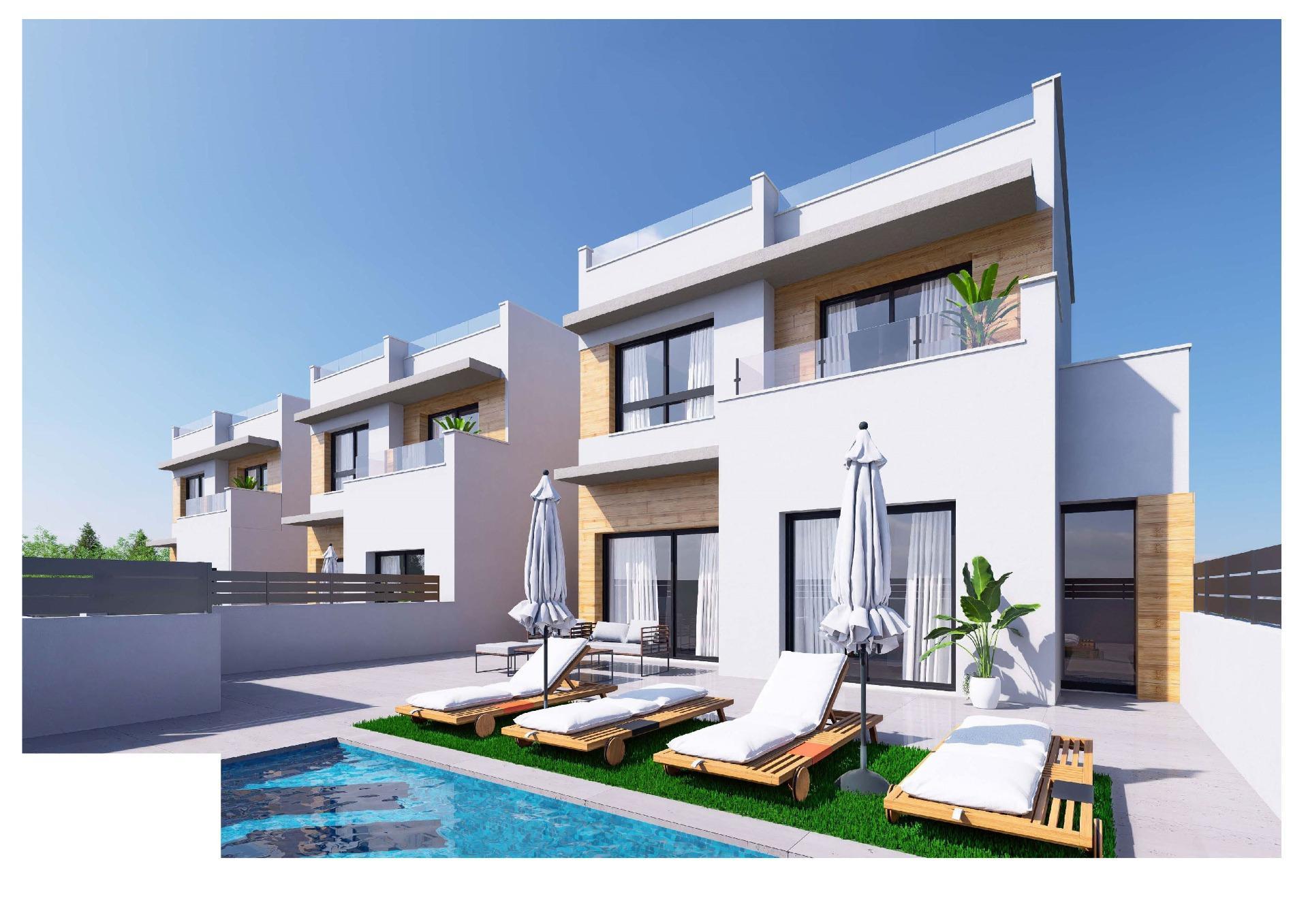Rear exterior of new-build villa with garden area, Pueblo 4, Benijofar