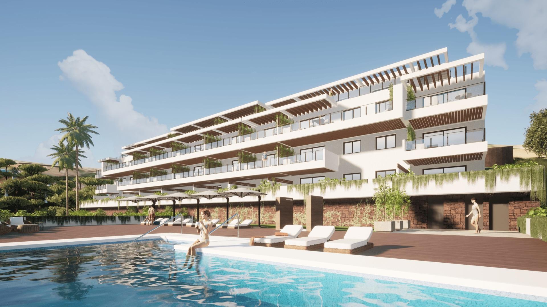 Living room with large windows in 2-bedroom apartment, La Cala Golf