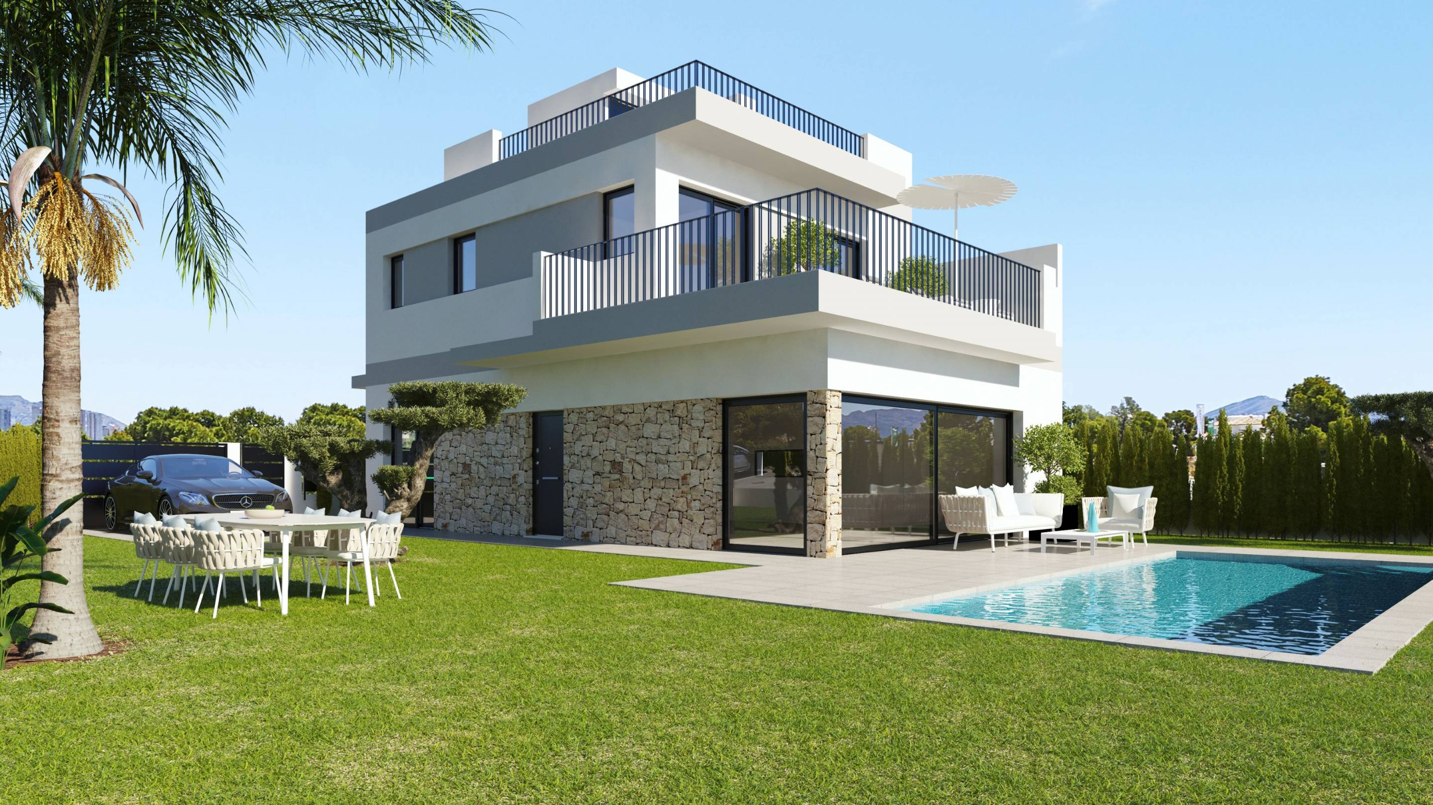 Side view of new-build villa exterior in Bellavista, San Miguel De Salinas