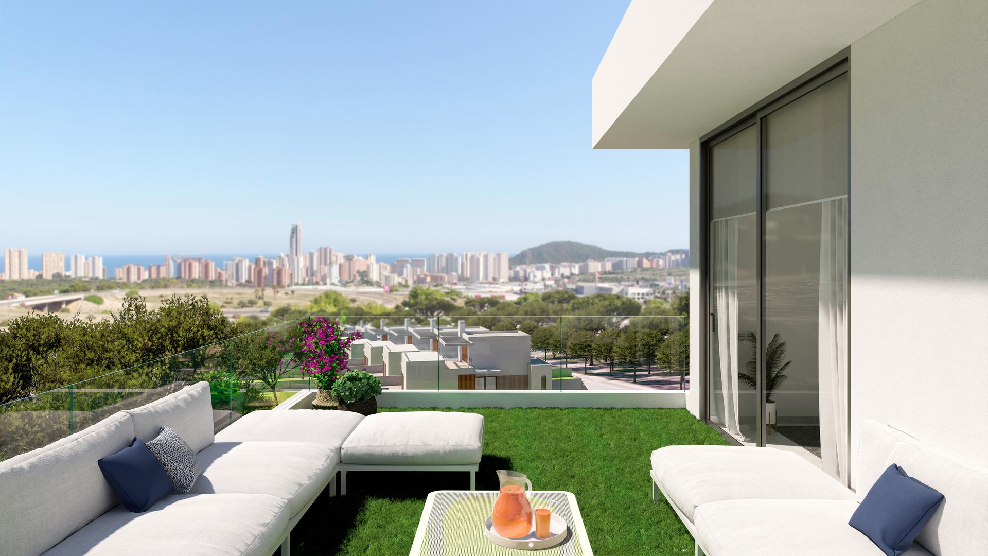 Terrace area adjoining living space, new-build villa in Finestrat Hills