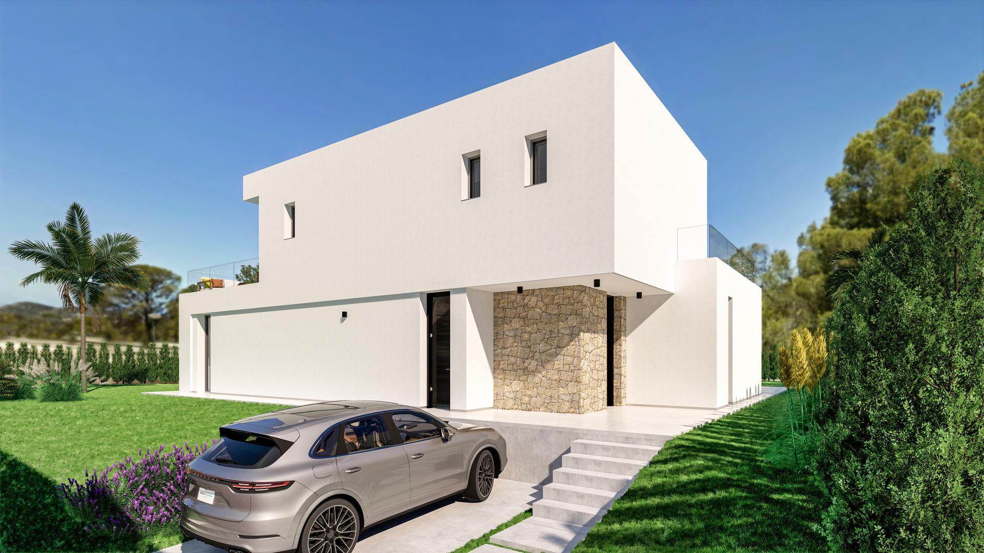 Side view of new-build villa showing plot boundary, Finestrat Hills
