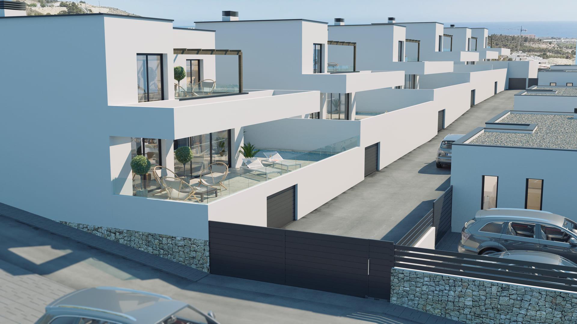 Front elevation of 3-bedroom villa in Golf Puig Campana, Finestrat