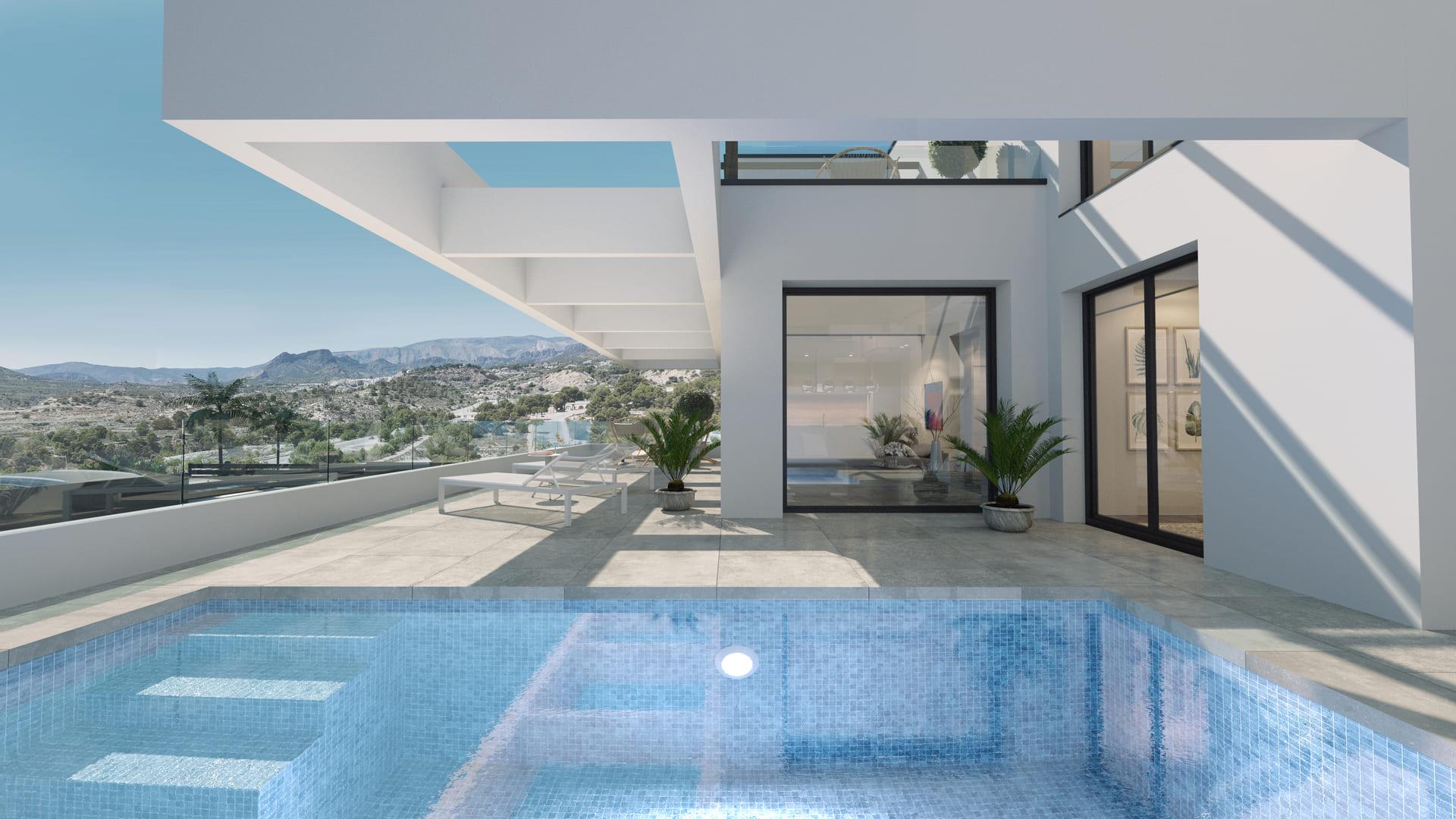 Side view of new-build villa on 513m2 plot, Golf Puig Campana