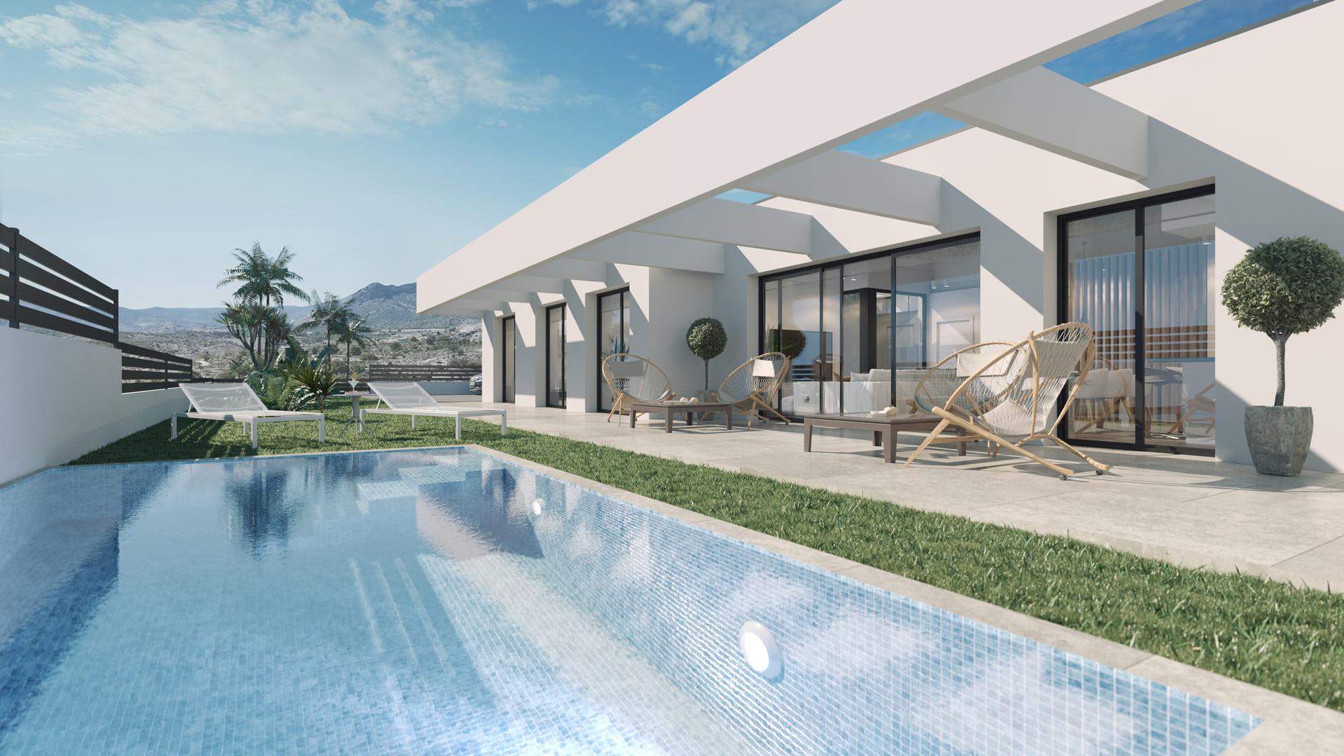 Rear of villa showing plot area, Golf Puig Campana, Finestrat