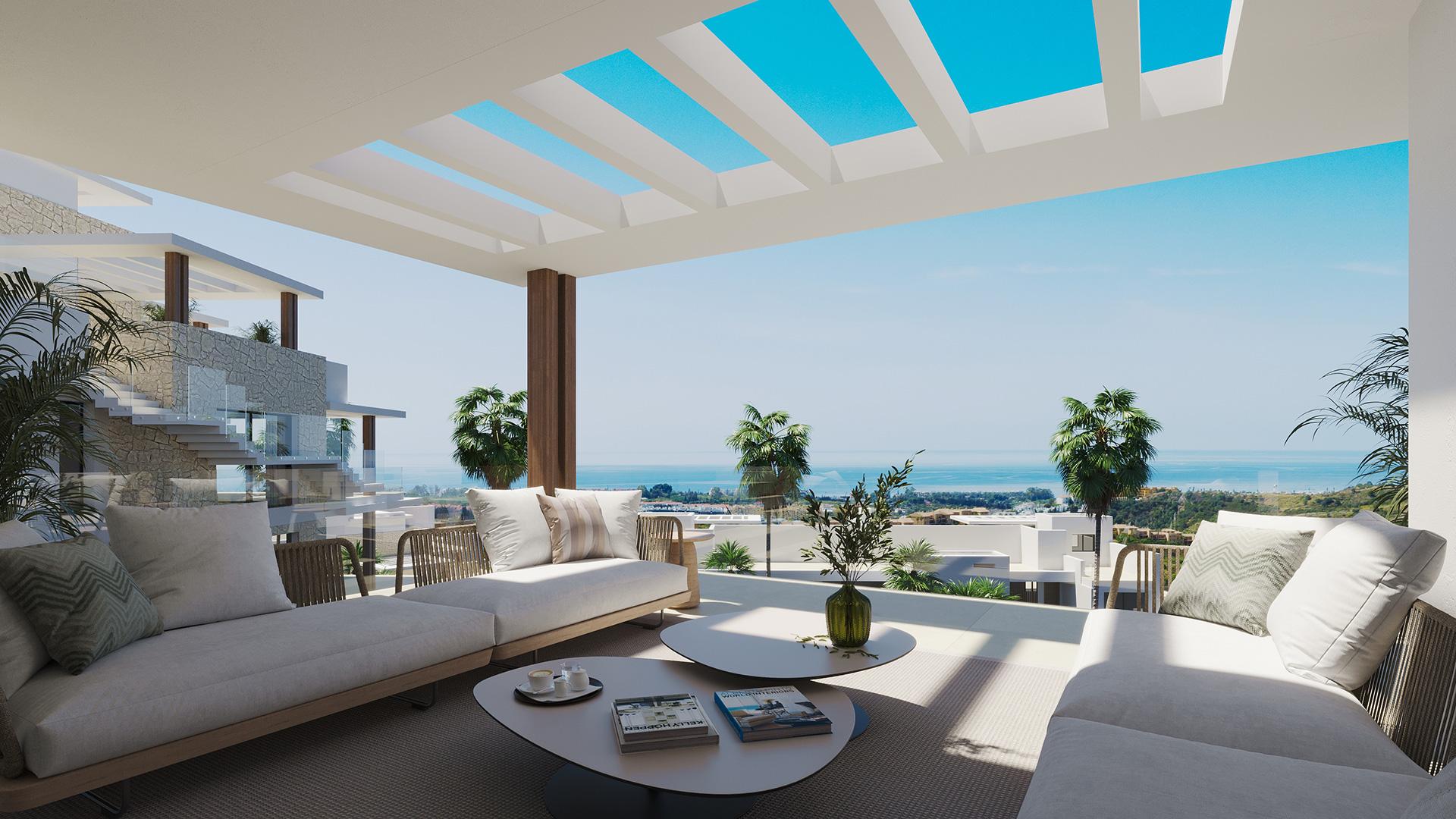 Communal grounds of new-build apartment development, Los Flamingos, Benahavis