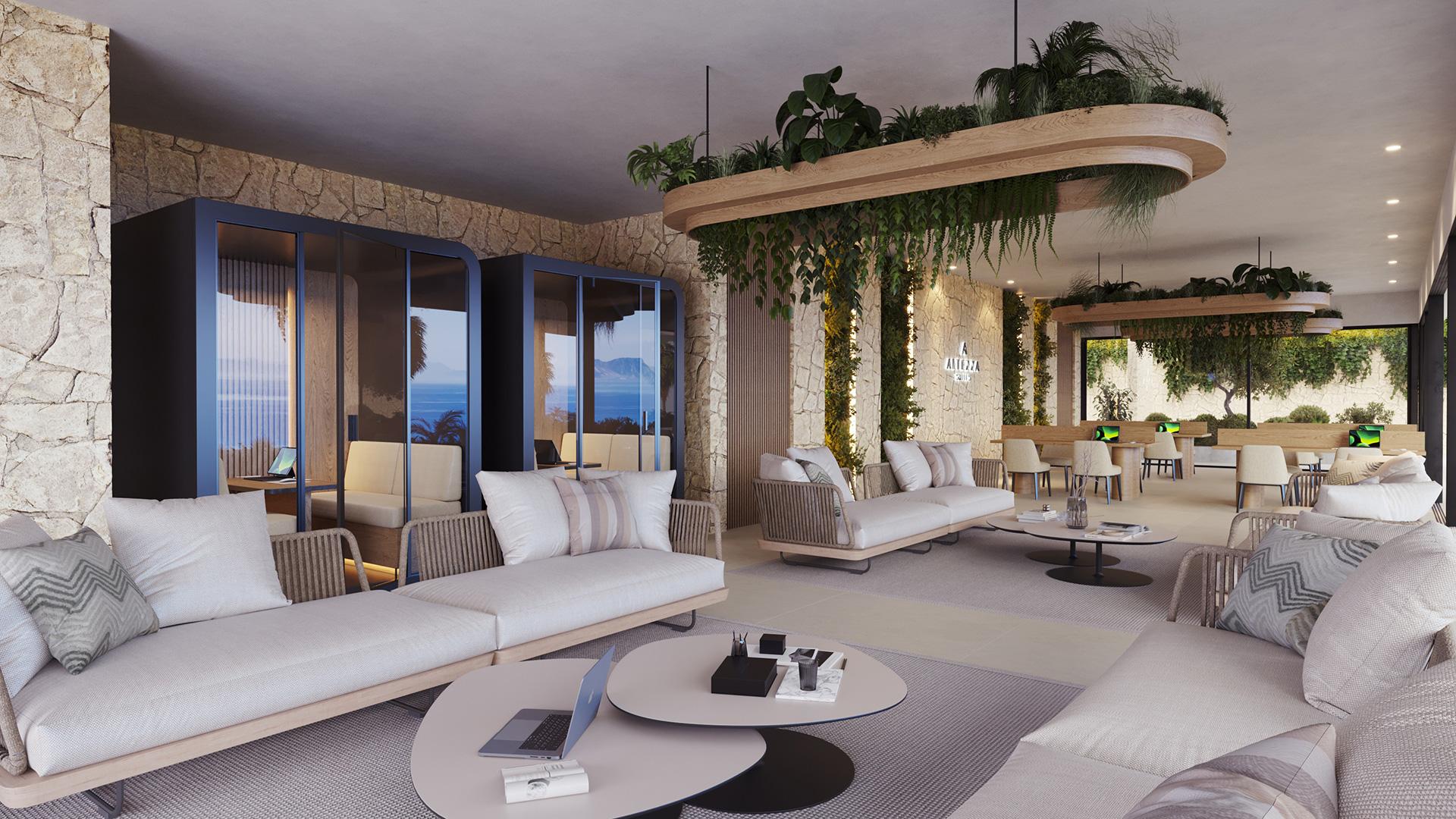 Open-plan living and dining area in 3-bedroom penthouse, Los Flamingos, Benahavis