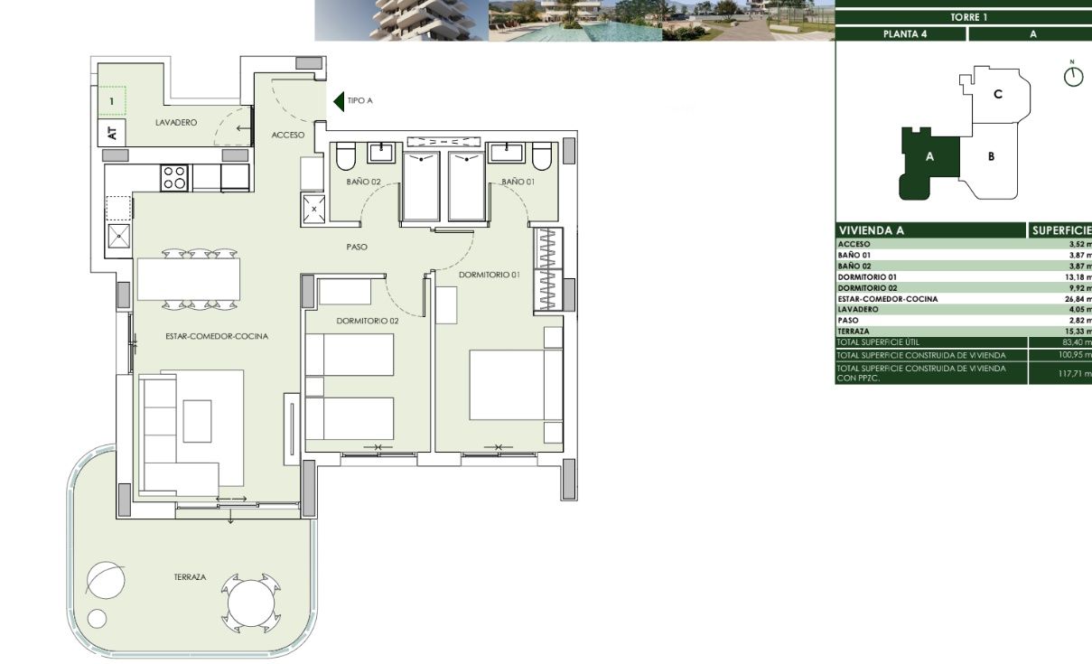 Floor plan of the 2-bedroom apartment in Playa arenal-bol