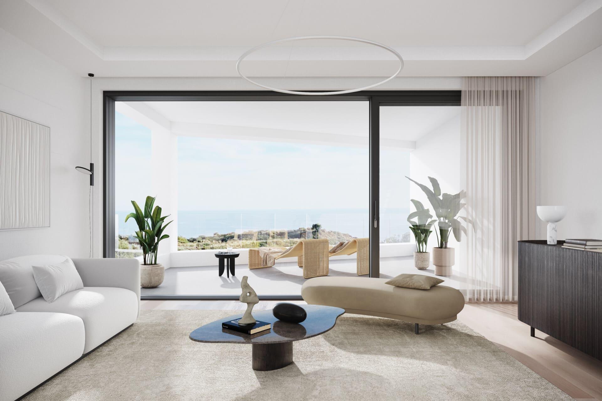 Living area in 3-bedroom new-build apartment, Torrenueva, Mijas