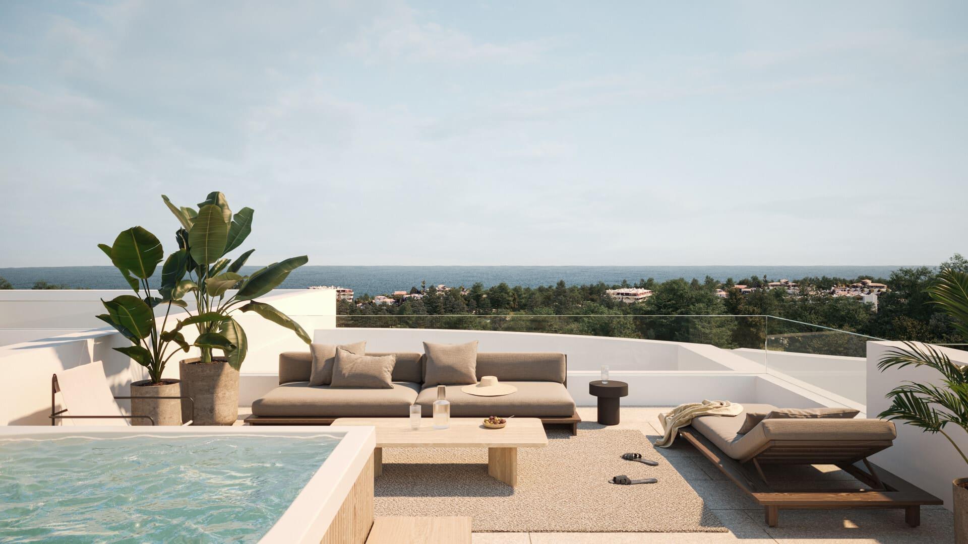 Outdoor terrace area in 3-bedroom new-build apartment, Torrenueva, Mijas
