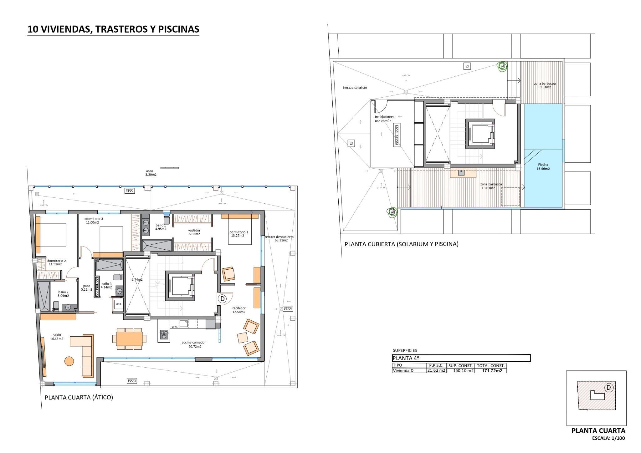 Floor plan of the 3-bedroom penthouse in San Pedro de Pinatar