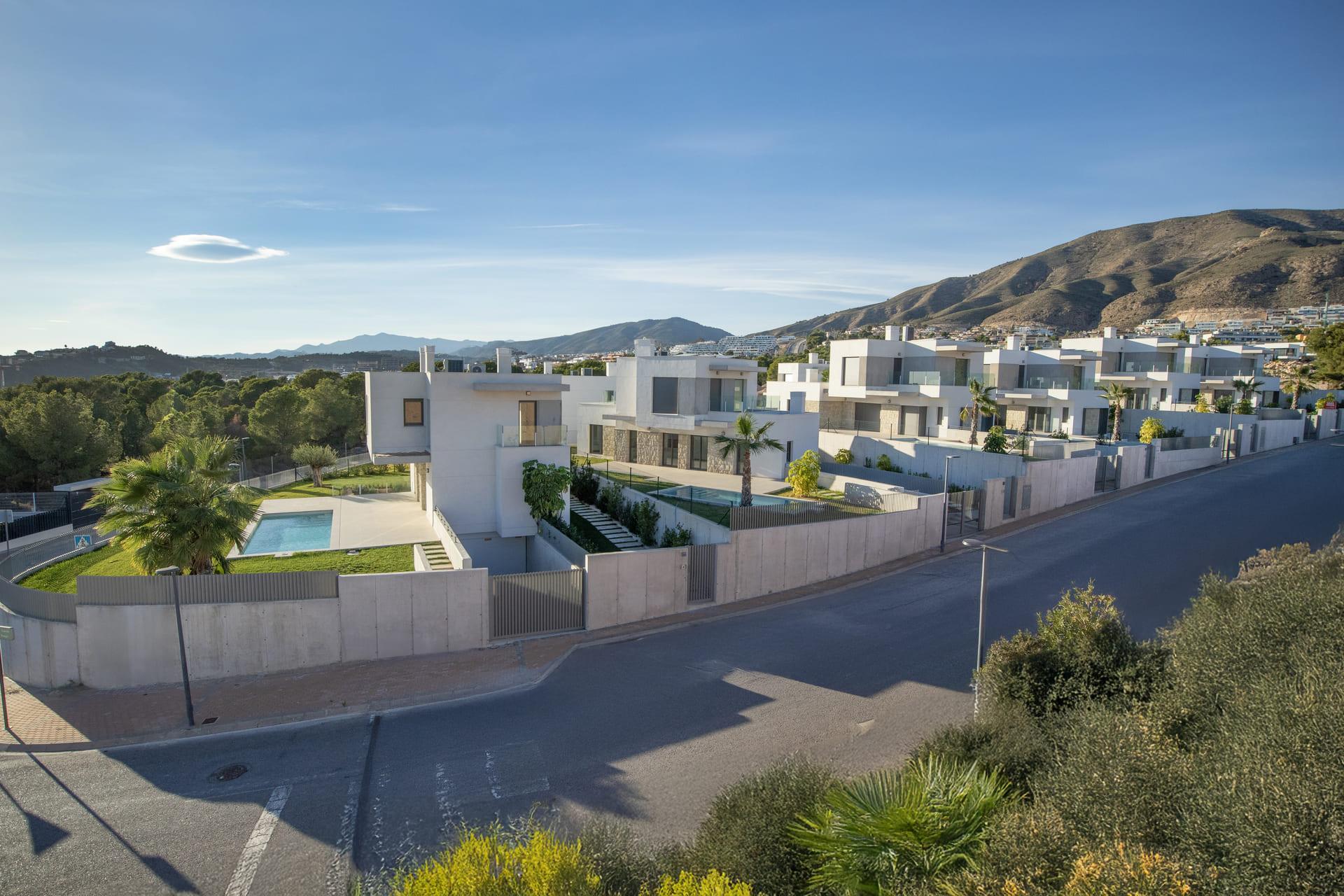 Evening exterior of new-build villa, Finestrat Hills, Finestrat