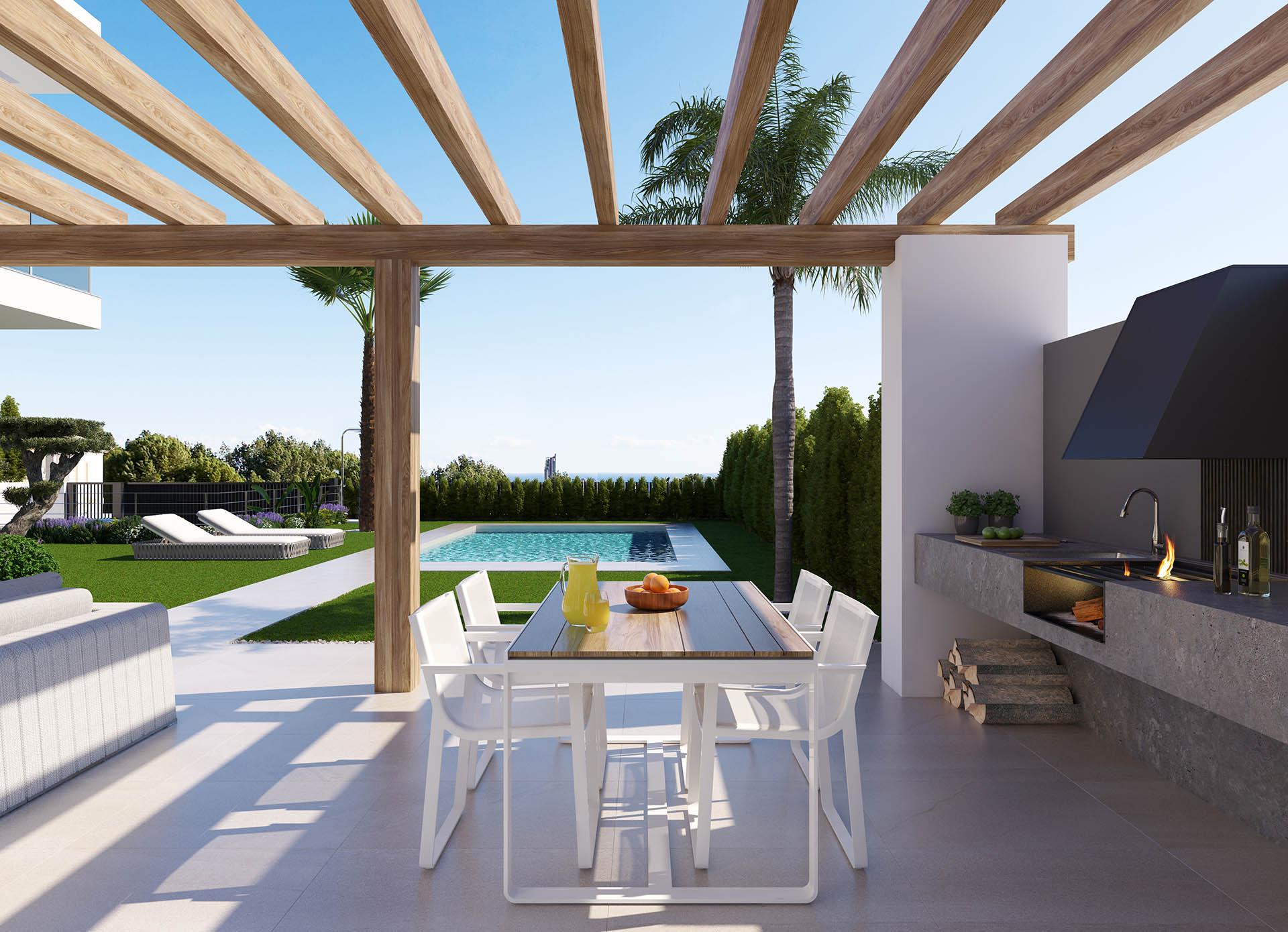 Pool area or outdoor space of new-build villa, Sierra Cortina