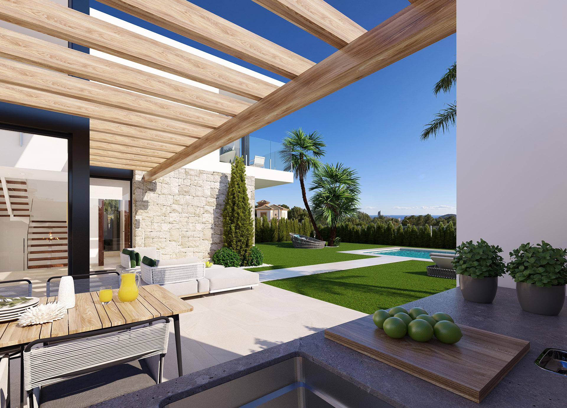 Detail of exterior finish on new-build villa, Sierra Cortina, Finestrat