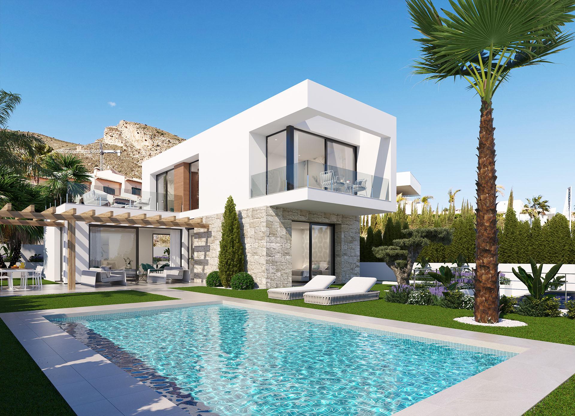 Mountain backdrop behind new-build villa in Sierra Cortina, Finestrat