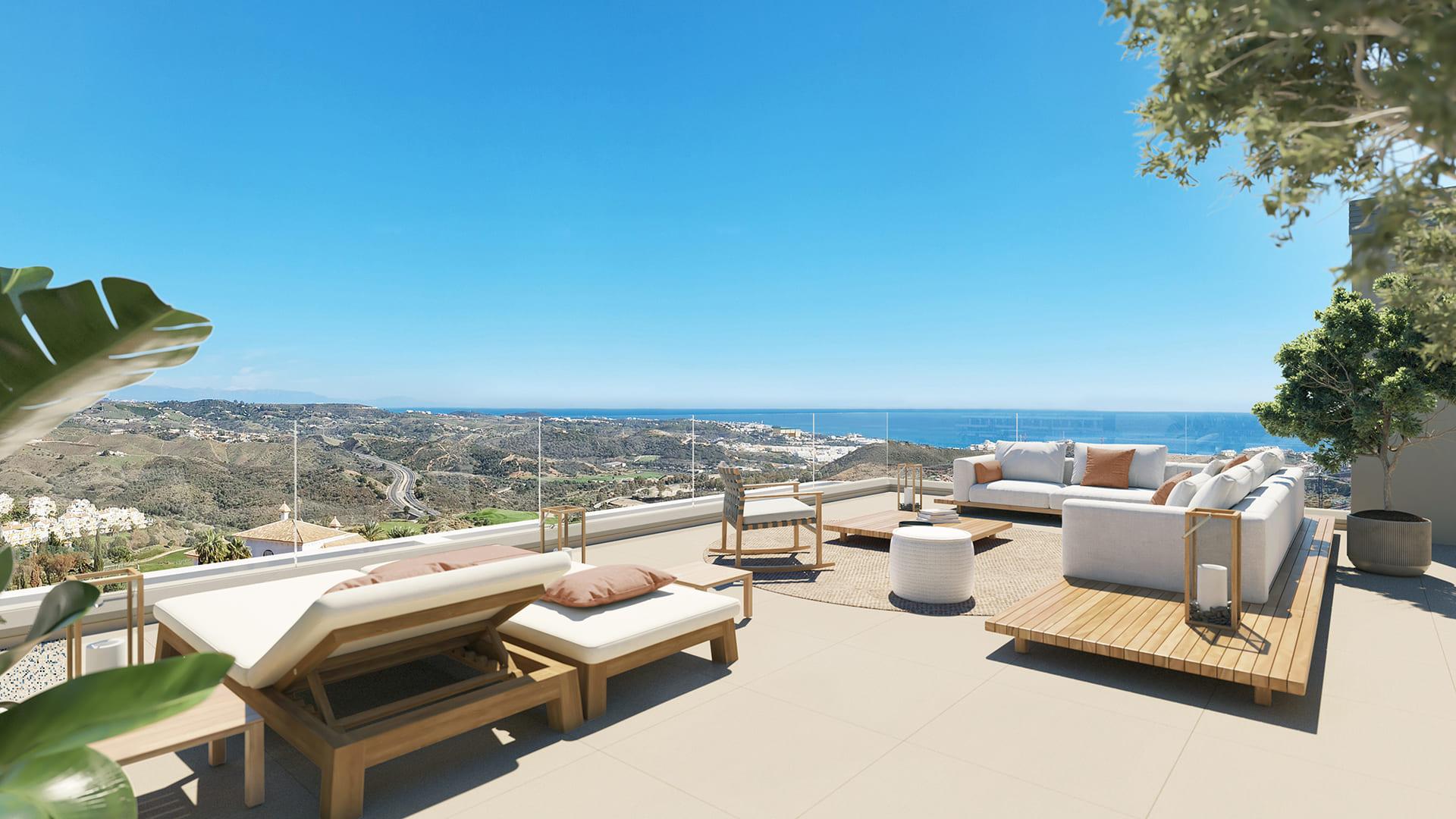 Communal pool area of a new-build residential development in Calanova, Mijas