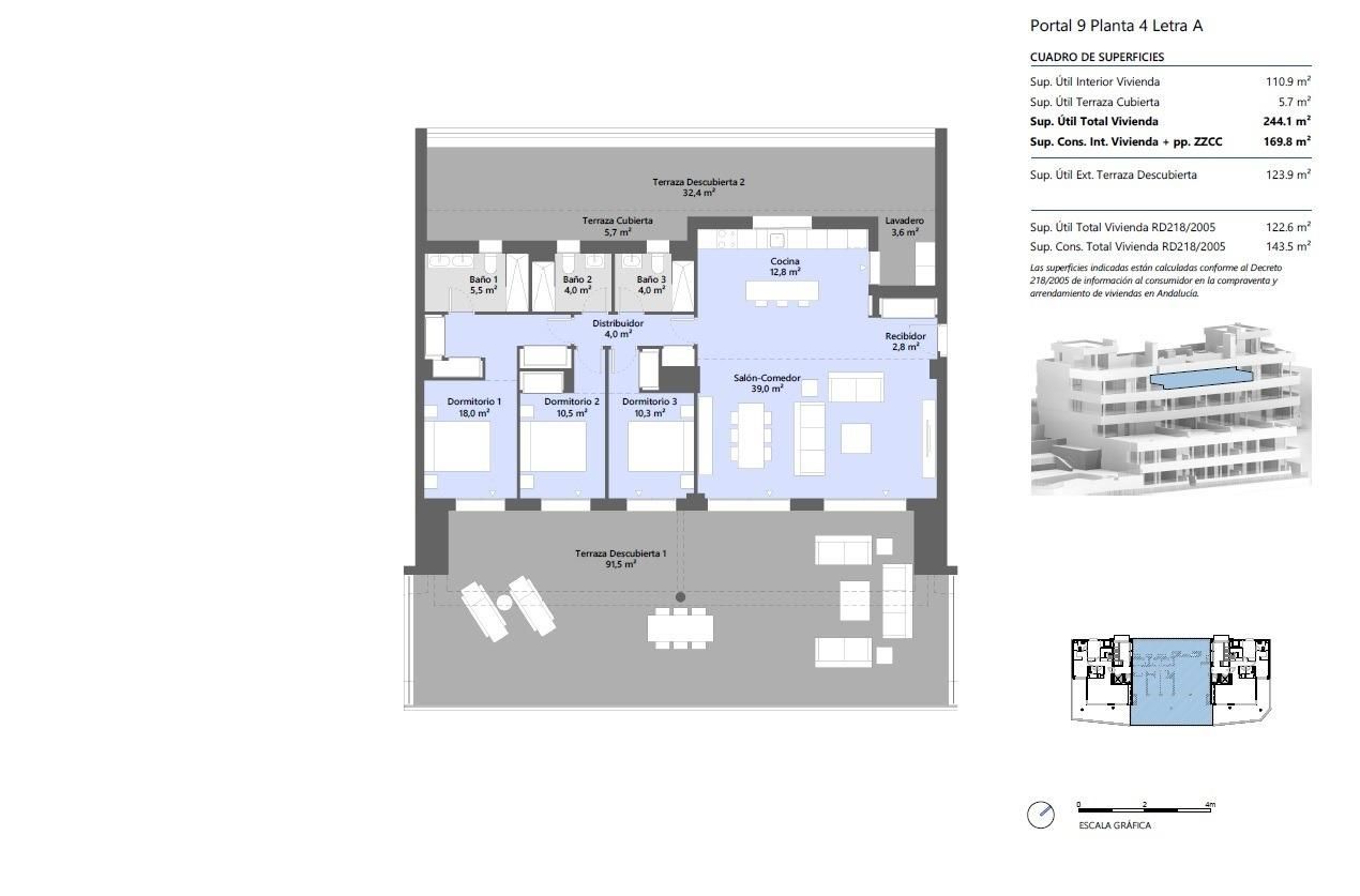 Floor plan of 3-bedroom apartment in Alto de los Monteros, Marbella, 143m2