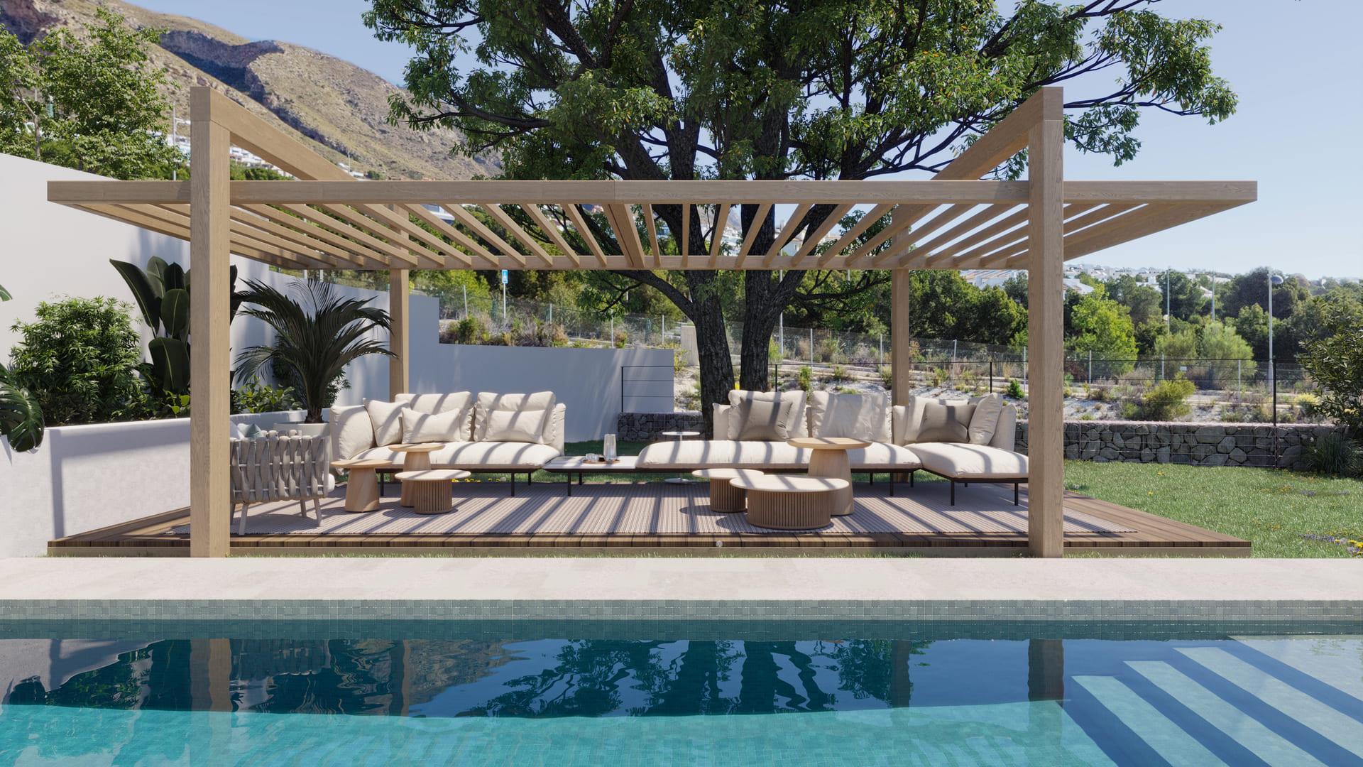 Covered terrace adjoining living area, new-build villa, Seascape Resort