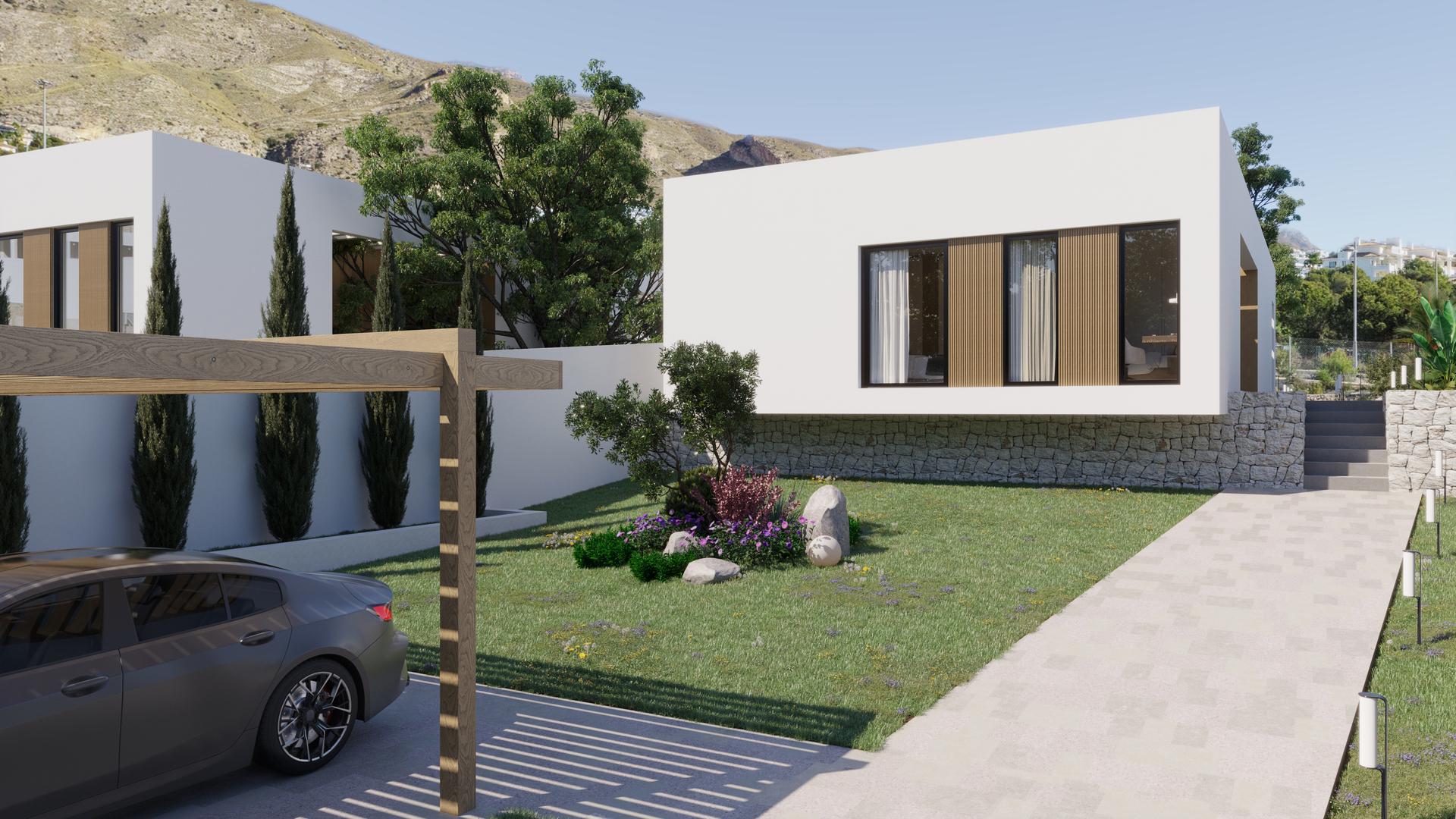 CGI render of exterior facade, new-build villa, Seascape Resort, Finestrat