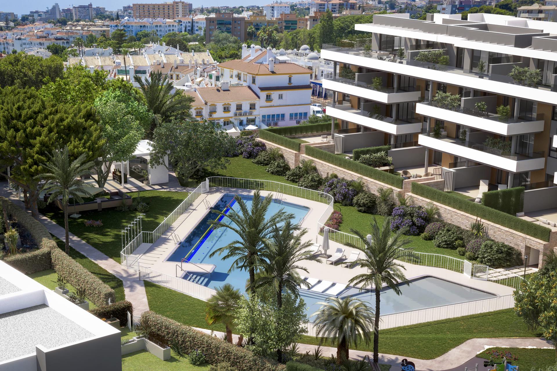 Poolside area with seating, new-build development, El Pinillo