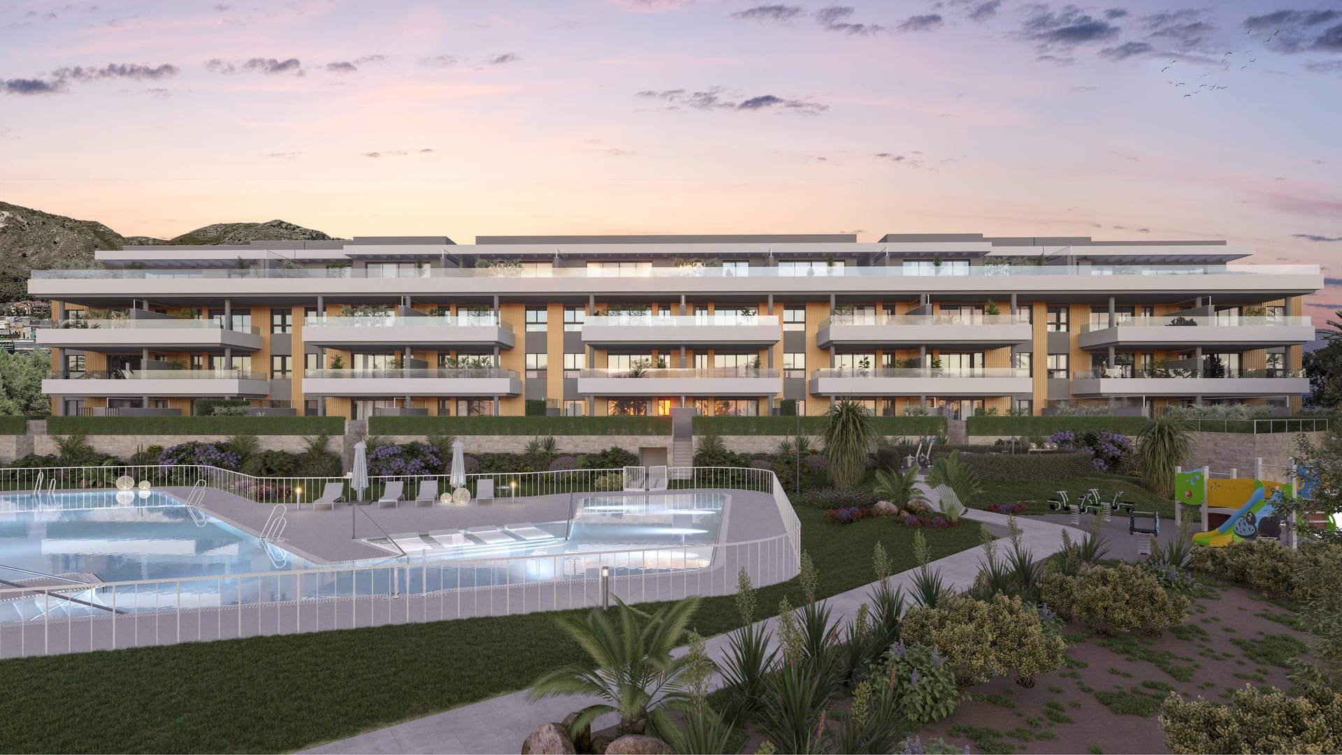 Night-time or evening view of communal area, El Pinillo development