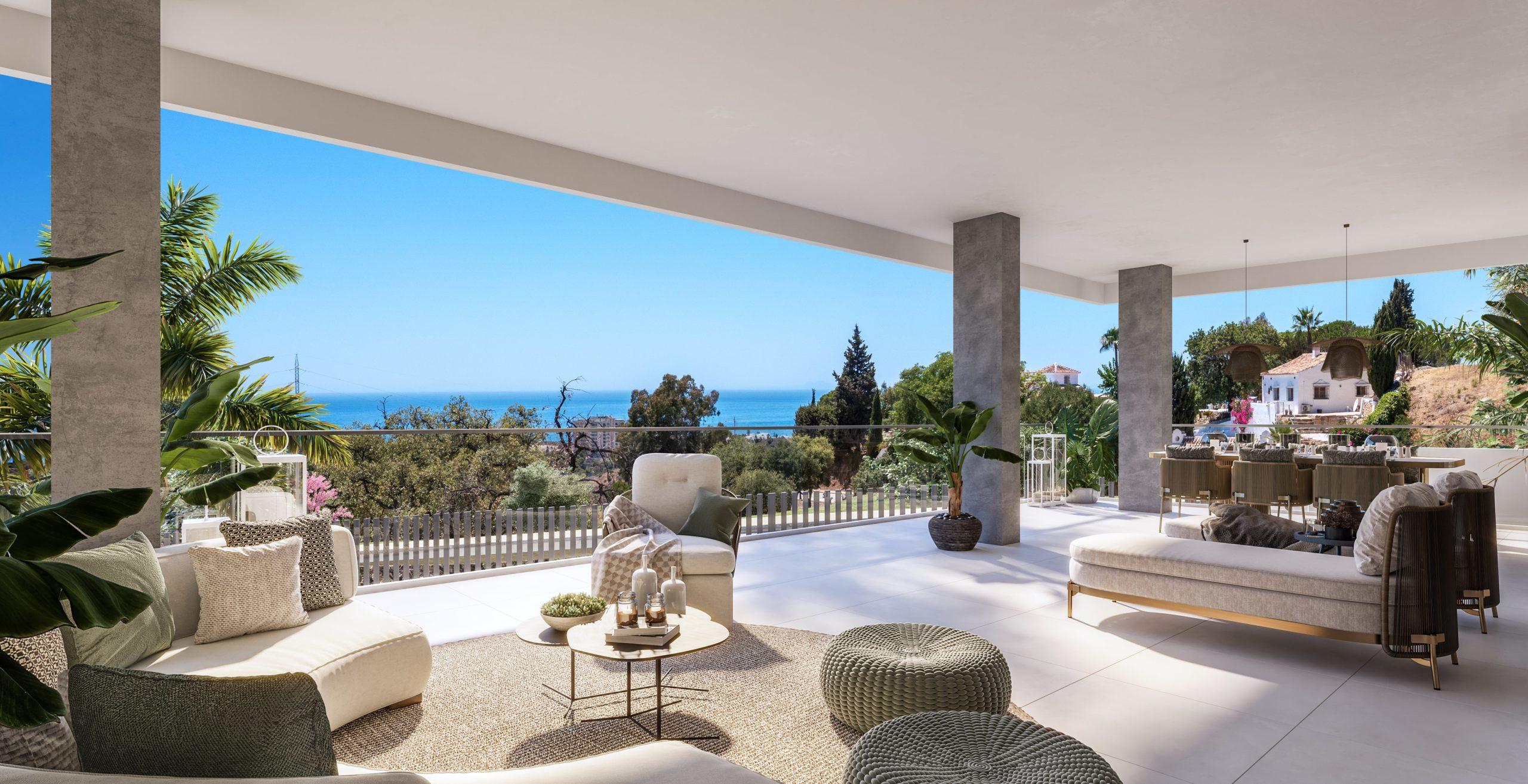 Development facade and entrance, new-build penthouse, Alto de los Monteros, Marbella