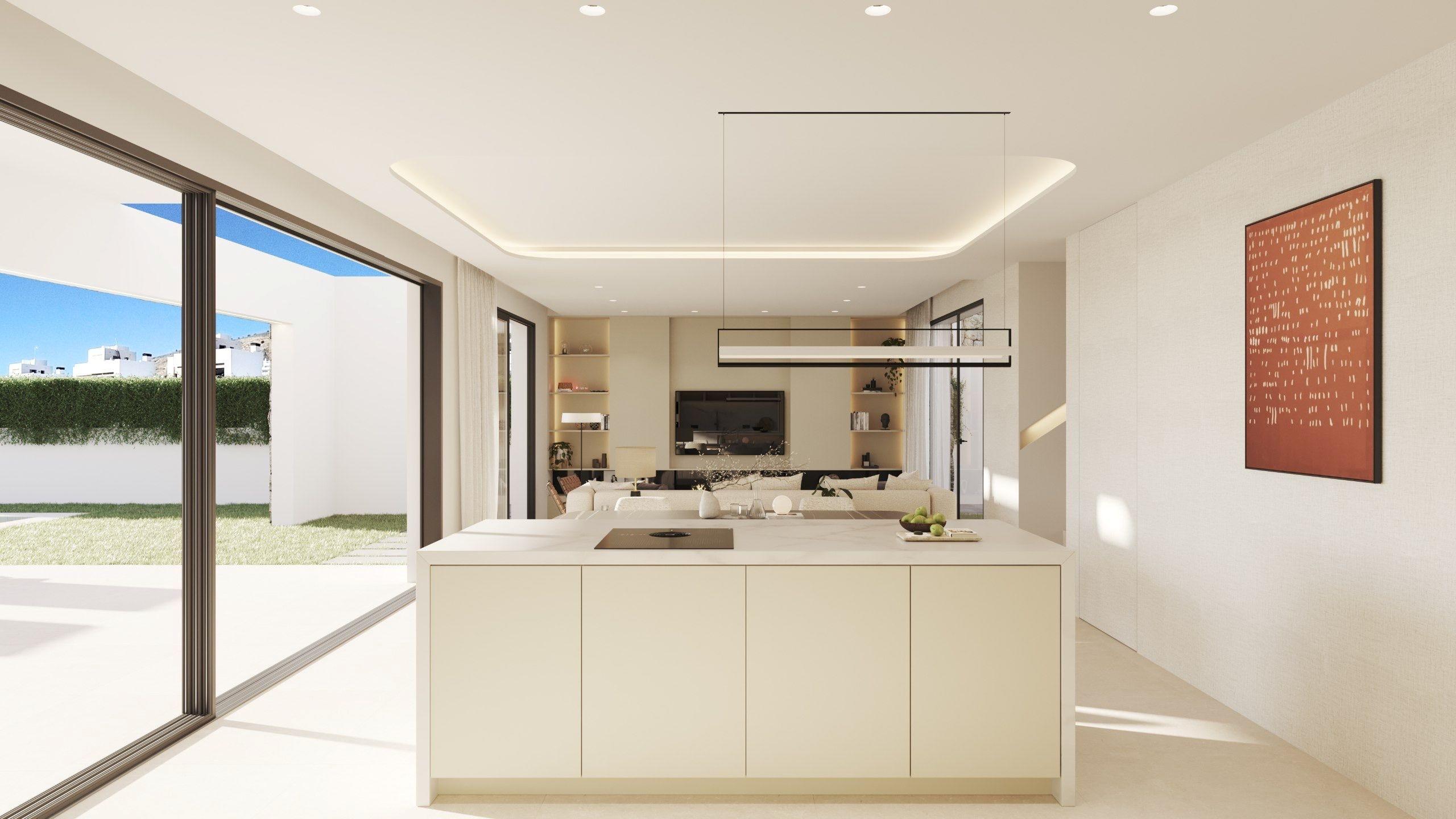 Side aspect of new-build villa showing plot boundary, Finestrat Hills