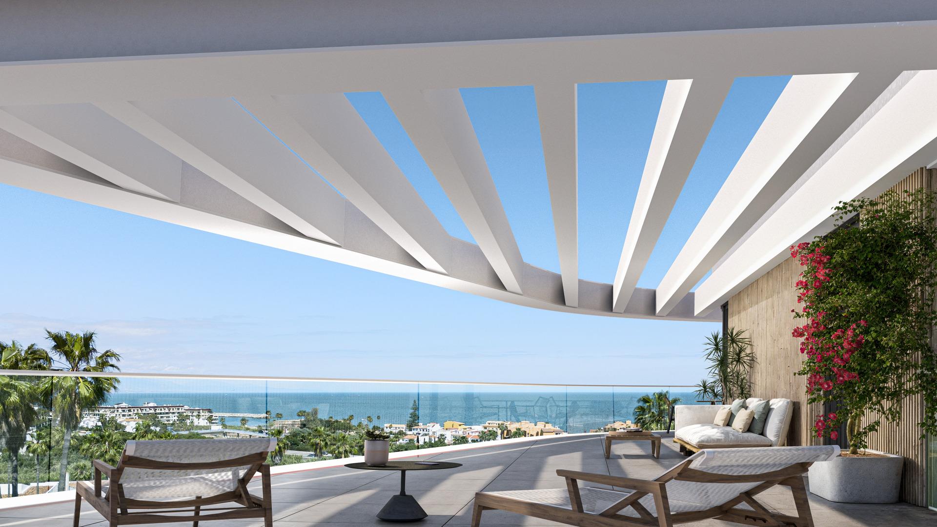 Terrace railing and surrounding landscape, penthouse, El Castillo, Manilva