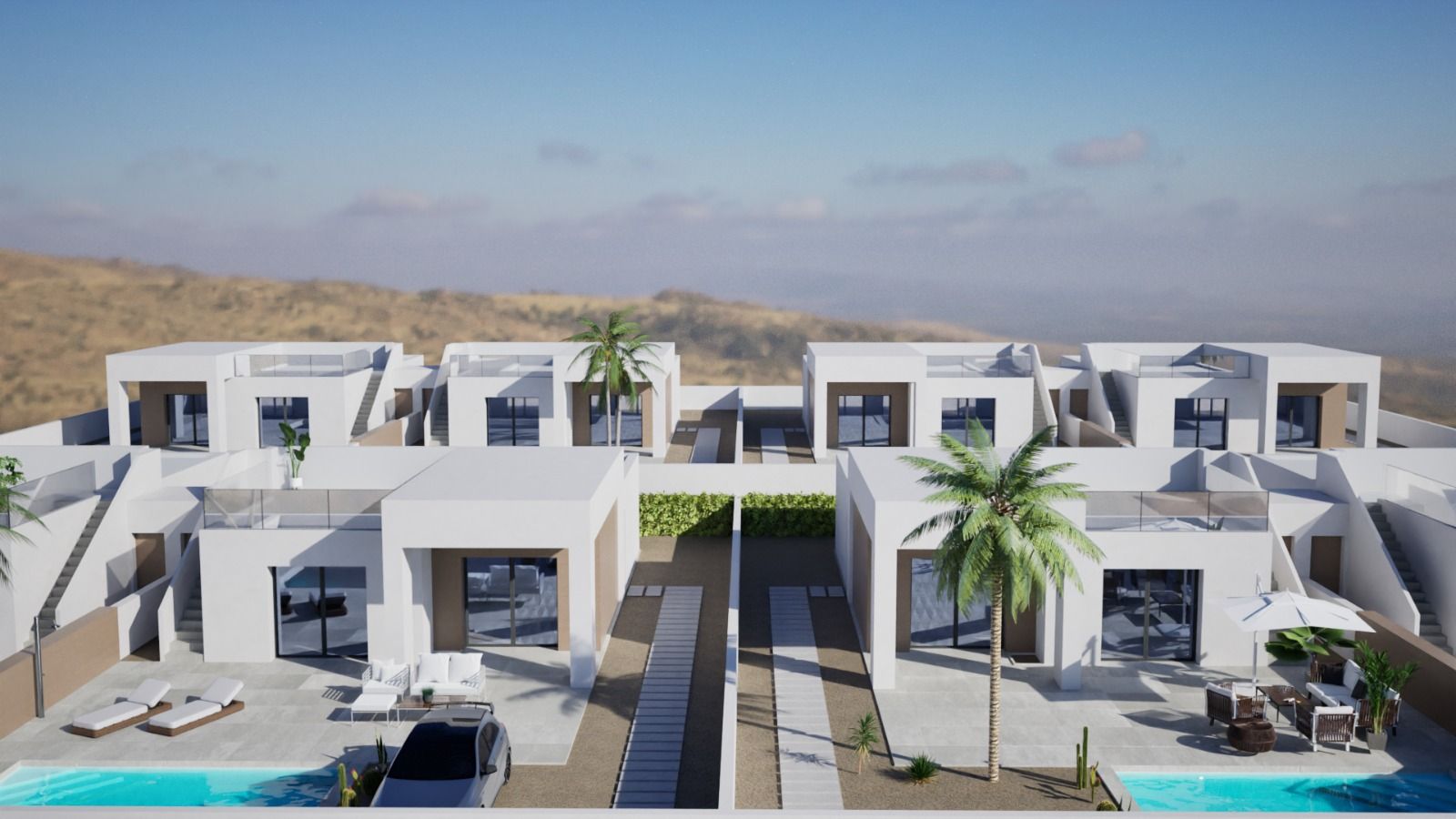 Rear of new-build villa showing 371m2 plot, La Romana, Alicante
