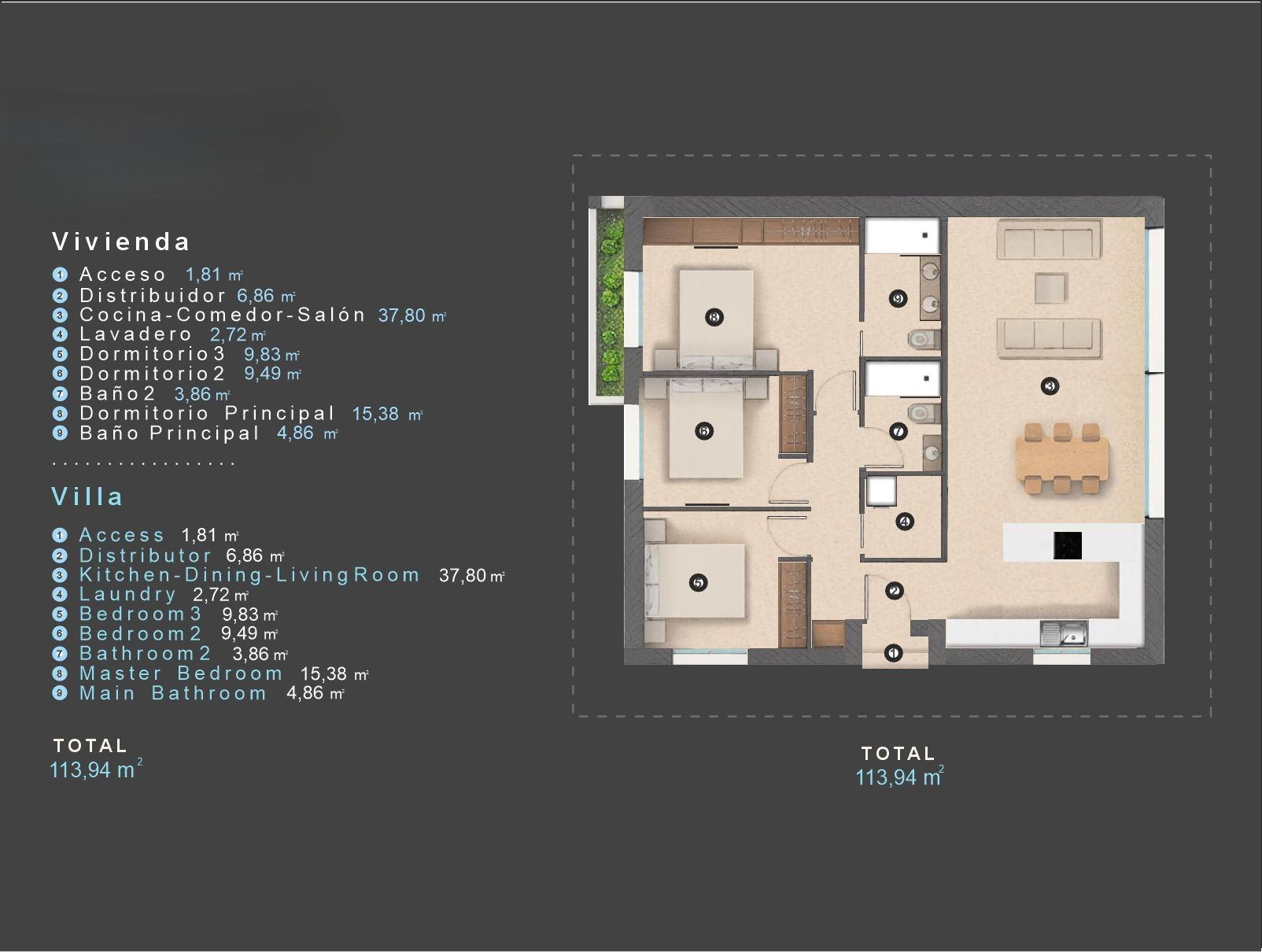Floor plan of 3-bedroom new-build villa in Las Filipinas, Orihuela Costa