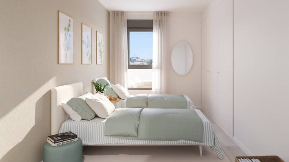 CGI render of master bedroom in new-build apartment, La Cala de Mijas