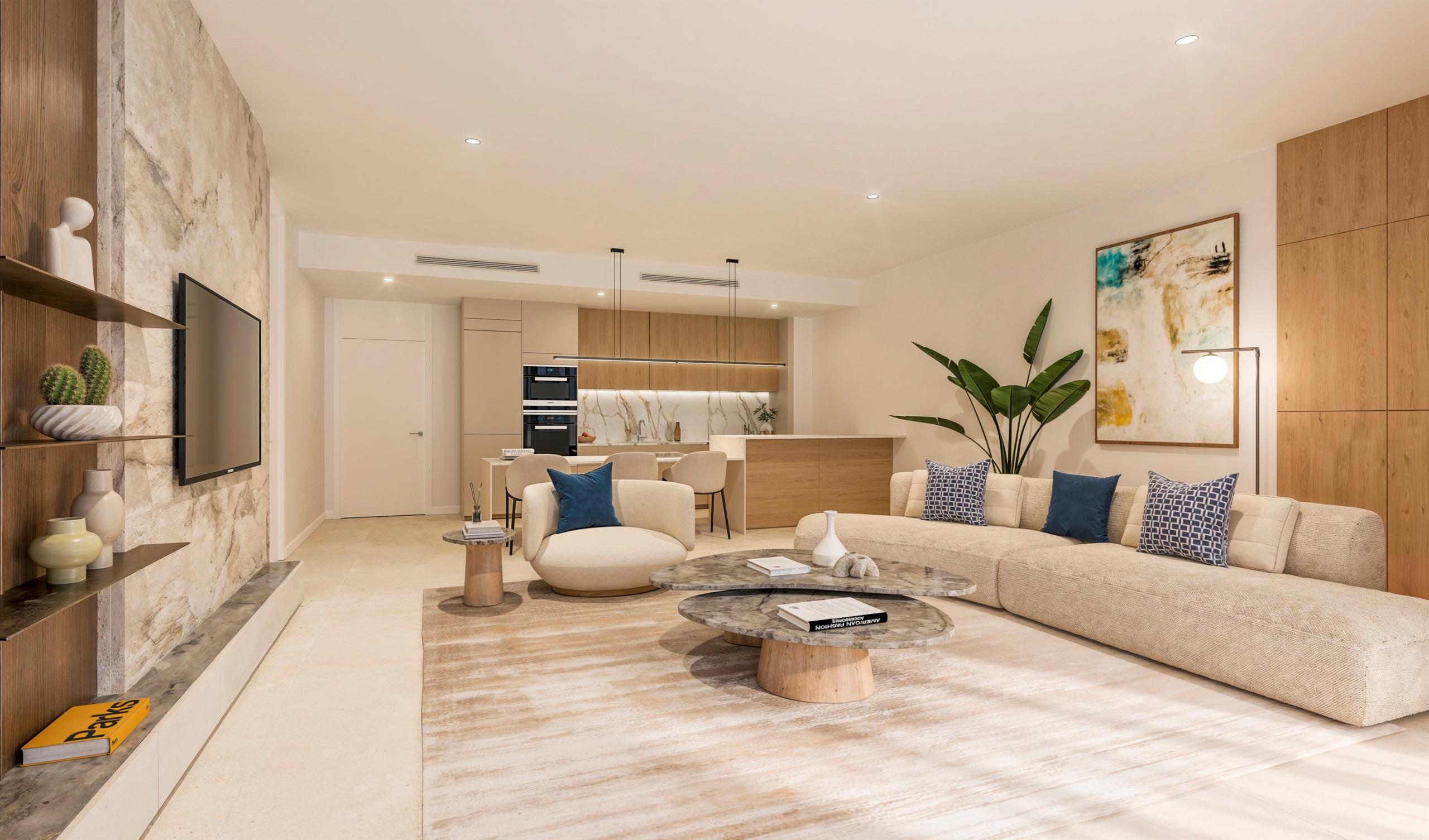 Living room seating area in 2-bedroom new-build apartment, Selwo