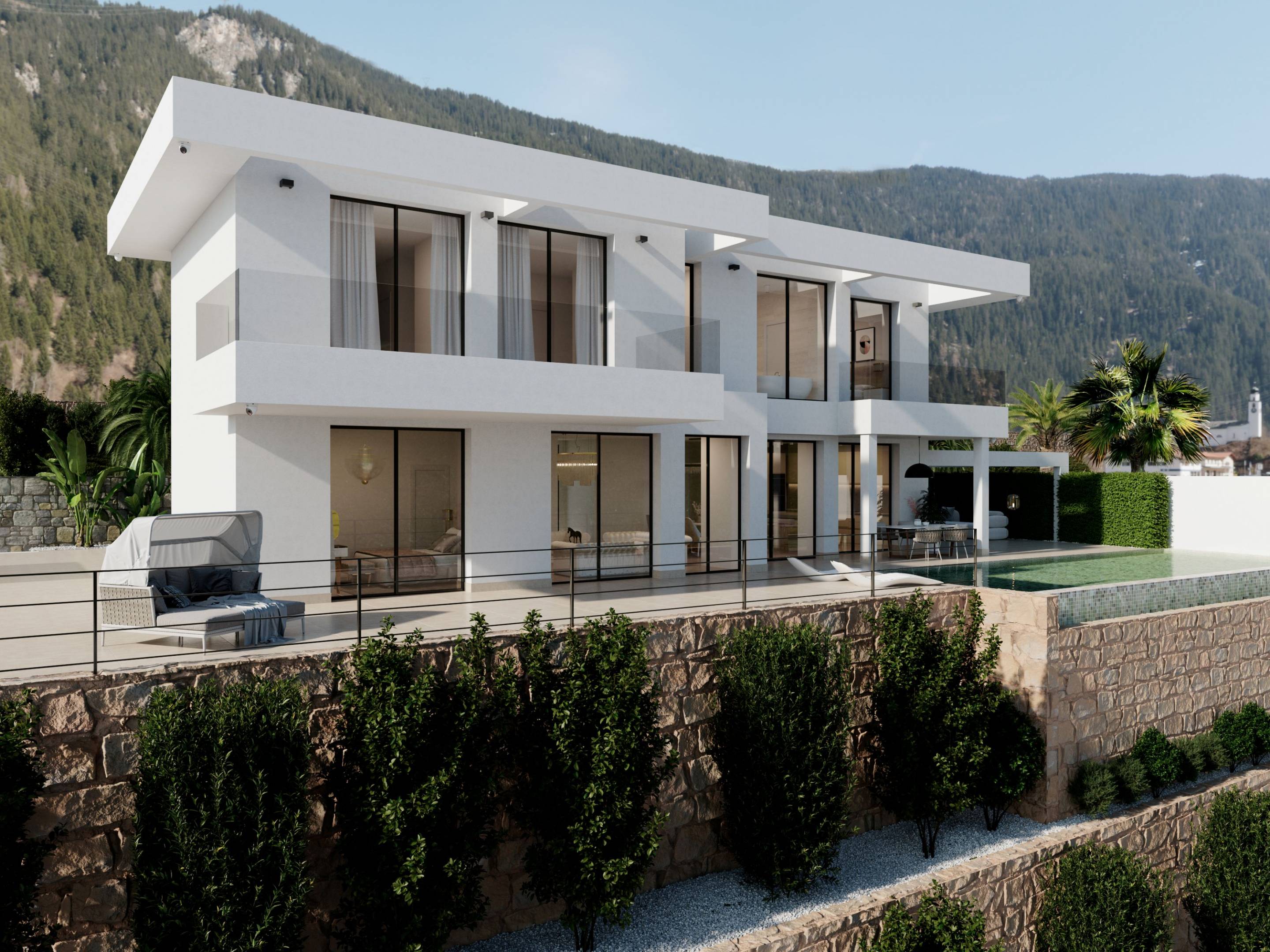 Exterior terrace with seating area, new-build villa, Sierra Cortina