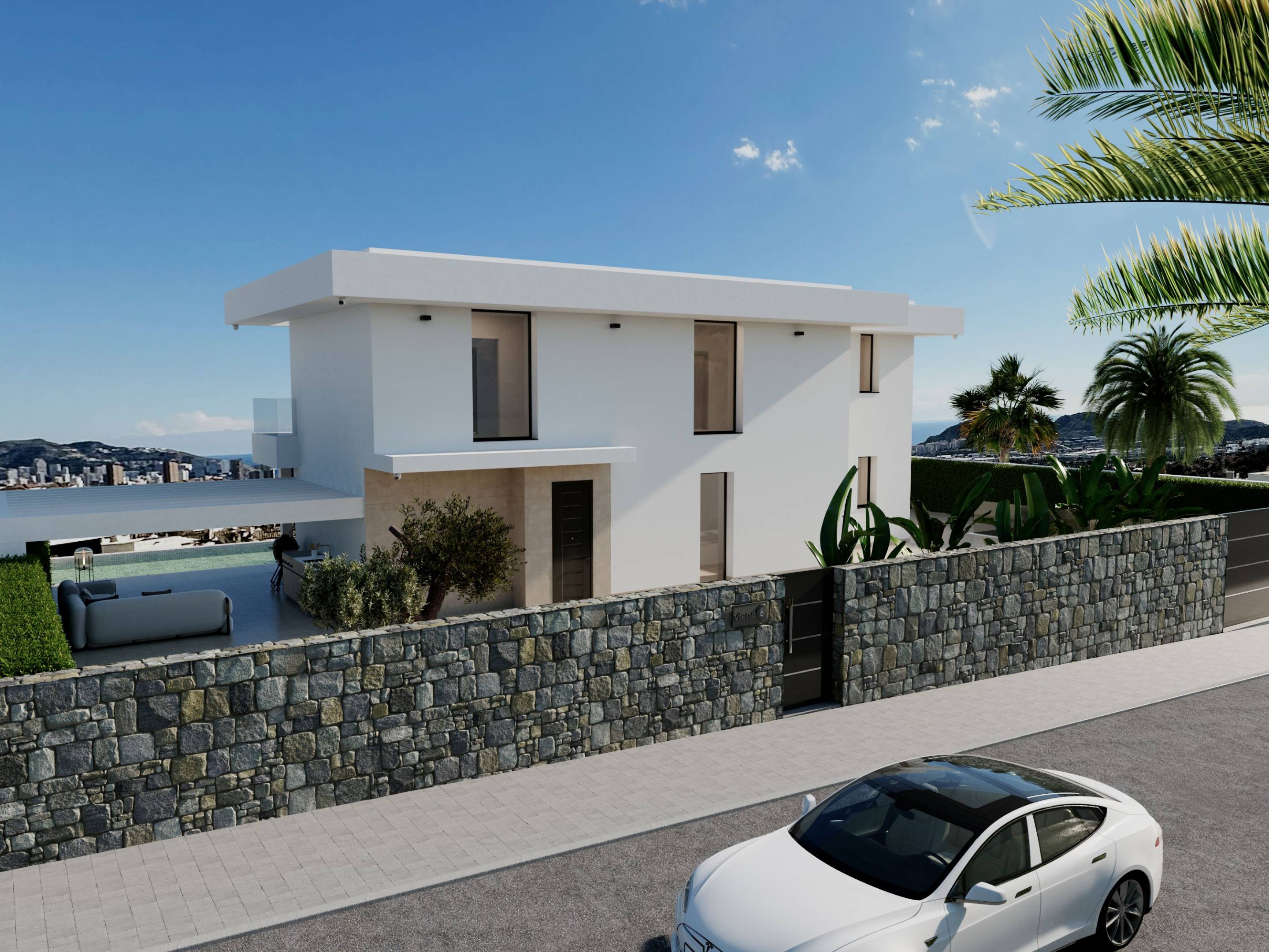 Front elevation of new-build villa in Sierra Cortina, Finestrat