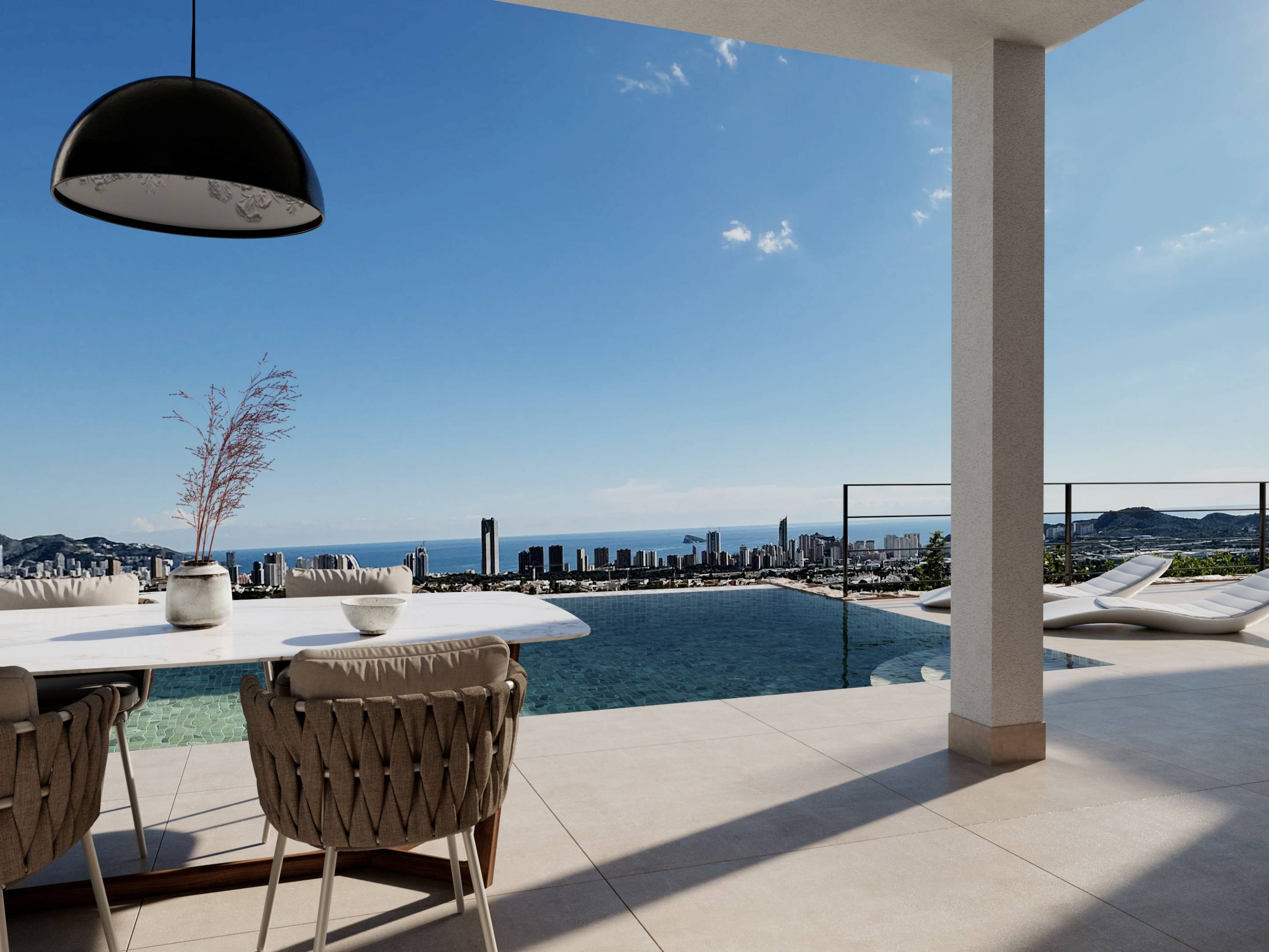 Open-plan kitchen and dining space in new-build villa, Sierra Cortina