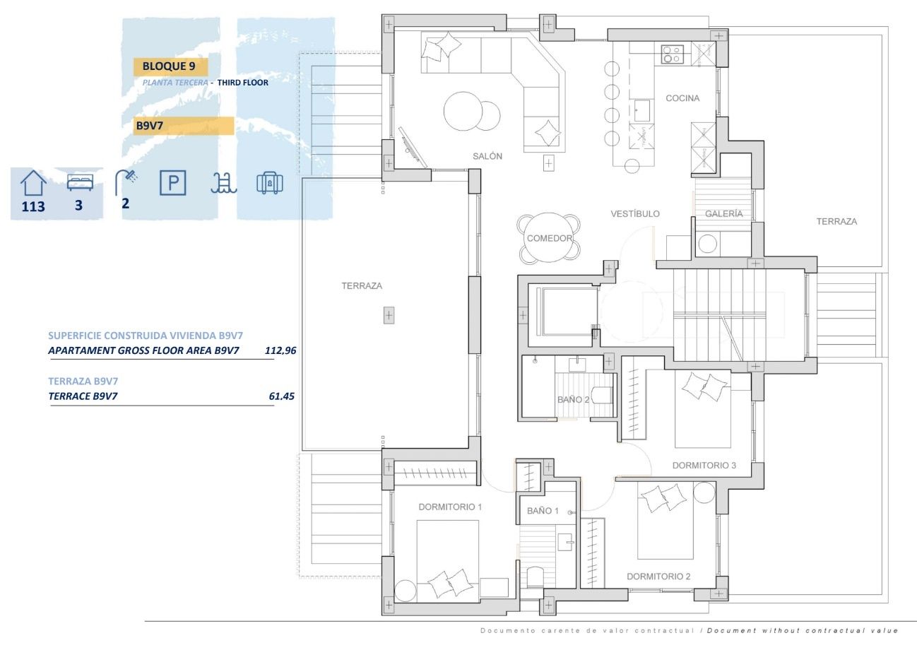 Floor plan of the 3-bedroom penthouse in Dolores de Pacheco-Santa Rosalía